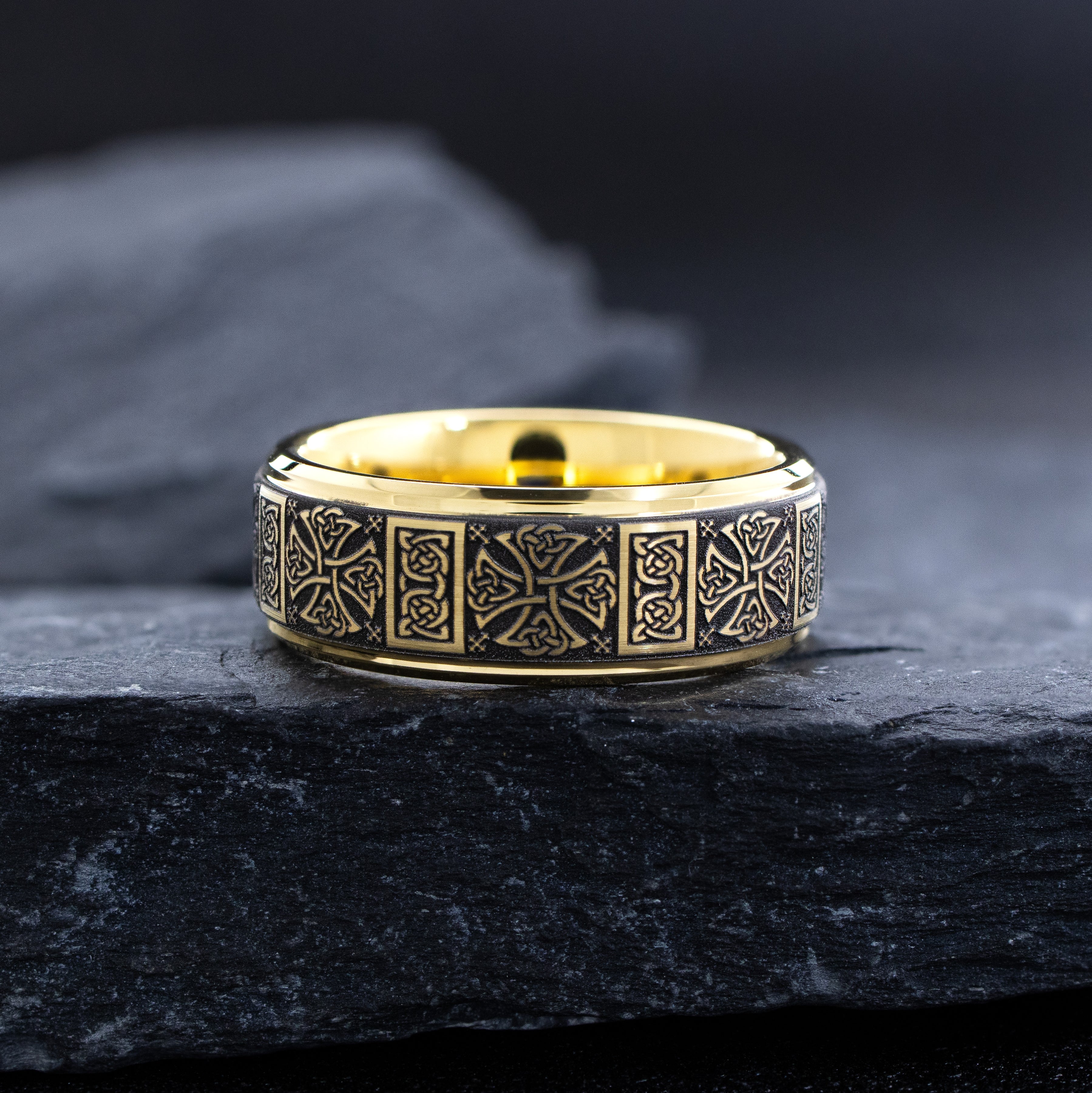 8mm Yellow Gold Plated Deep Engraved Celtic Pattern Tungsten Carbide Ring with Gemstone