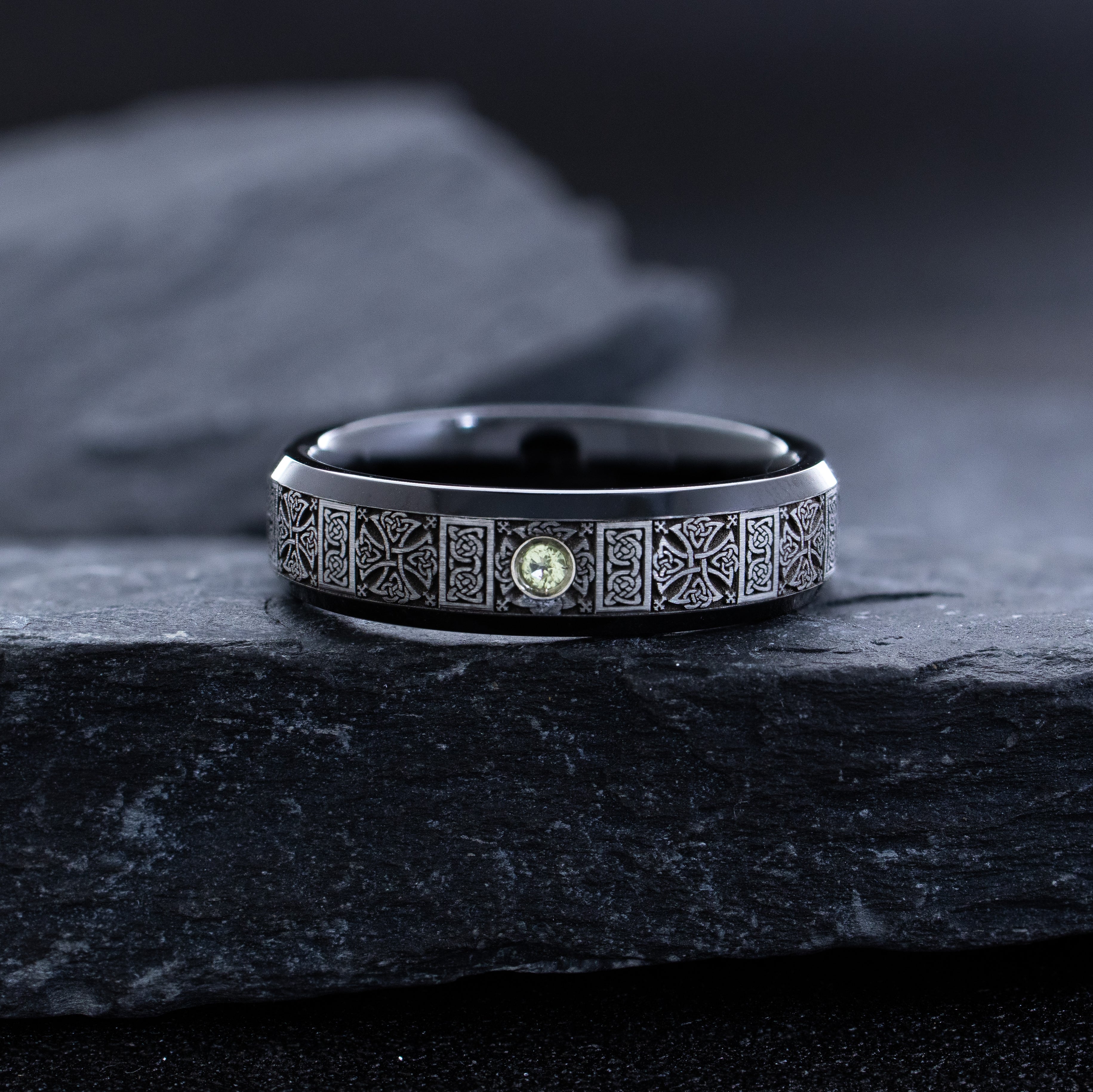 6mm Black Tungsten Carbide Ring with Round Cut Gemstone and Celtic Engravings