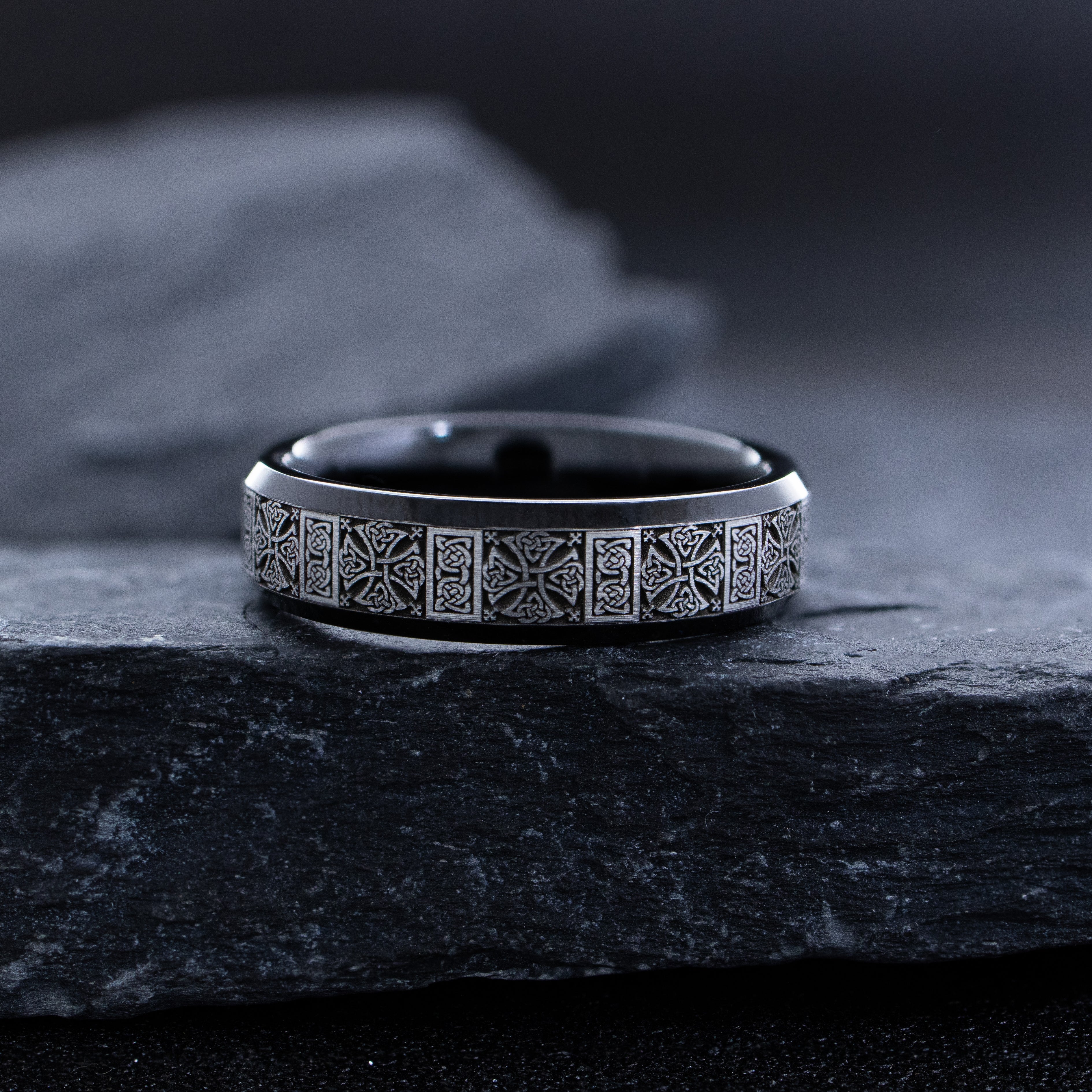 6mm Black Tungsten Carbide Ring with Round Cut Gemstone and Celtic Engravings