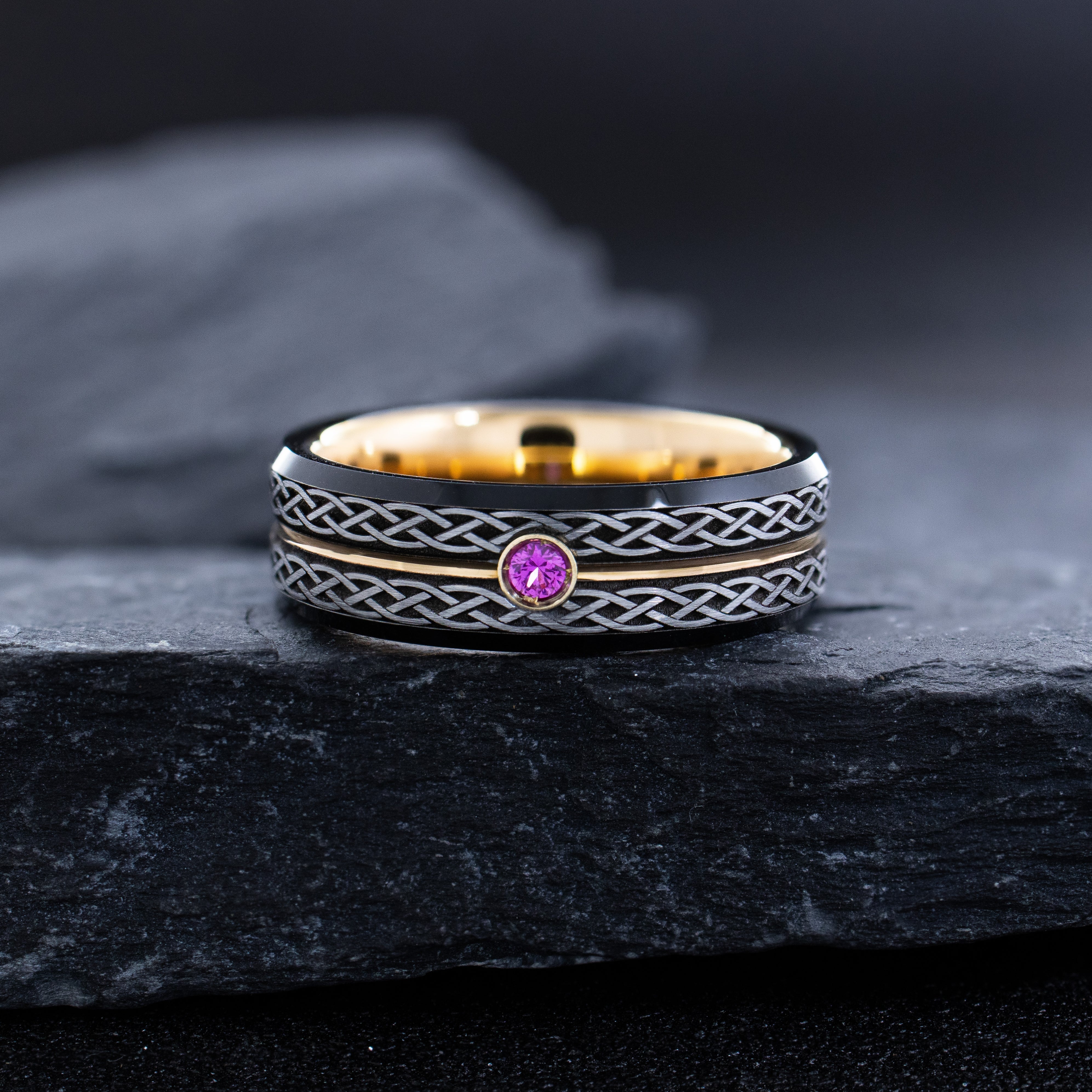 7mm Black Tungsten Carbide Ring with Rose Gold Plating, Celtic Knot Engraving & Gemstone