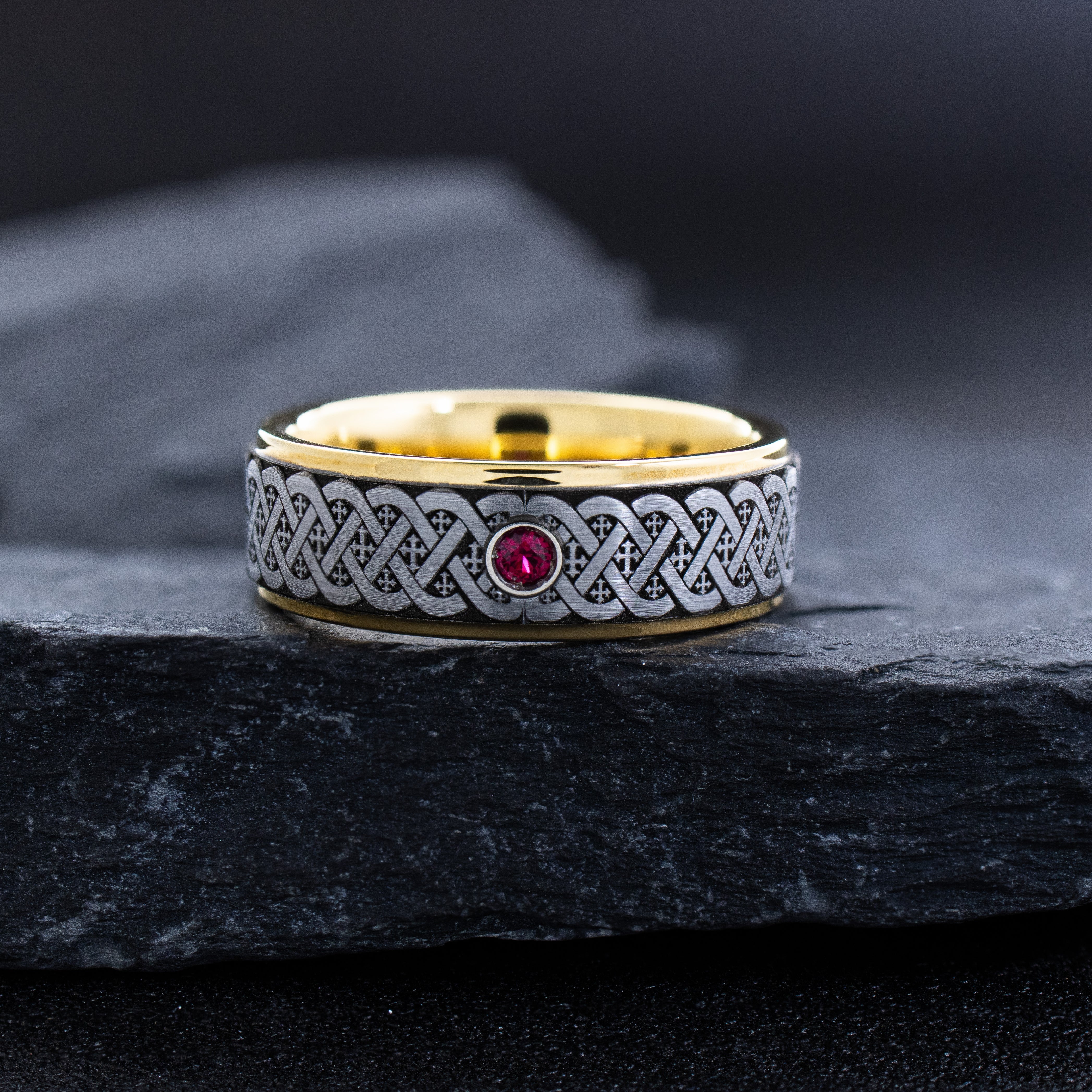 8mm Yellow Gold Plated Tungsten Carbide Ring with Deep Engraved Knot, Crosses and Gemstone