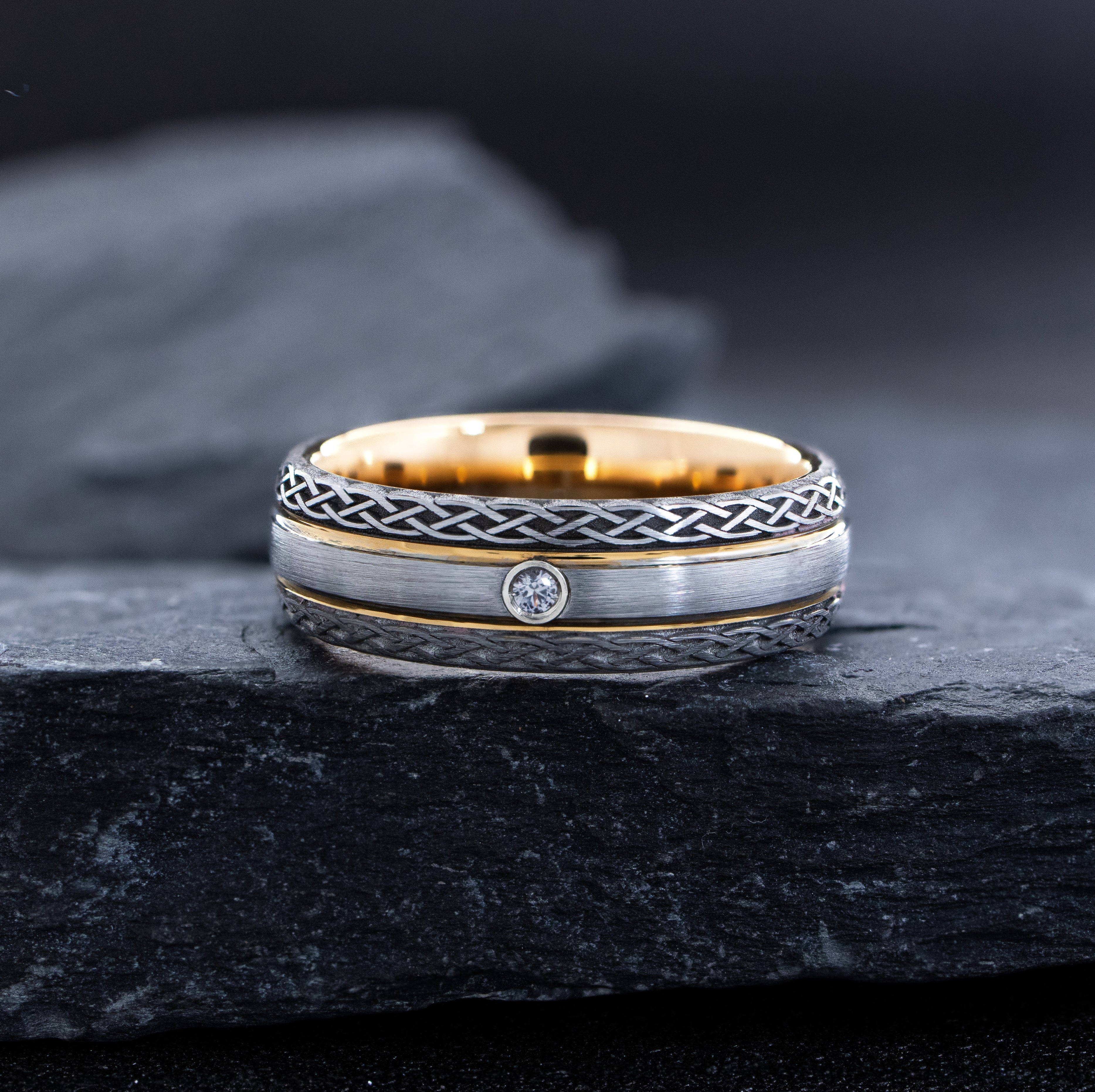 7mm Tungsten Carbide Ring with Rose Gold Plating, Celtic Knot Engravings and Gemstone