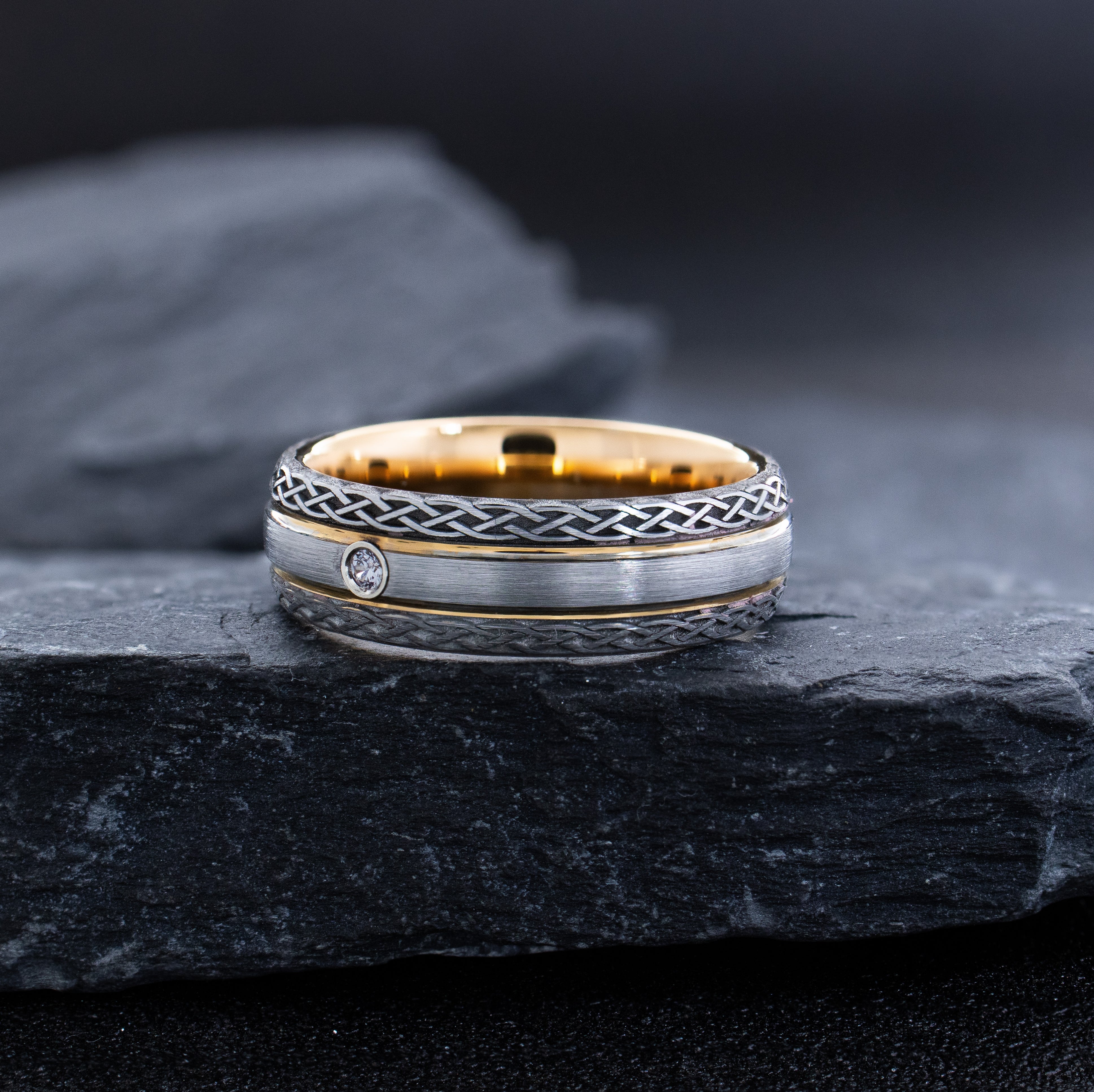 7mm Tungsten Carbide Ring with Rose Gold Plating, Celtic Knot Engravings and Gemstone