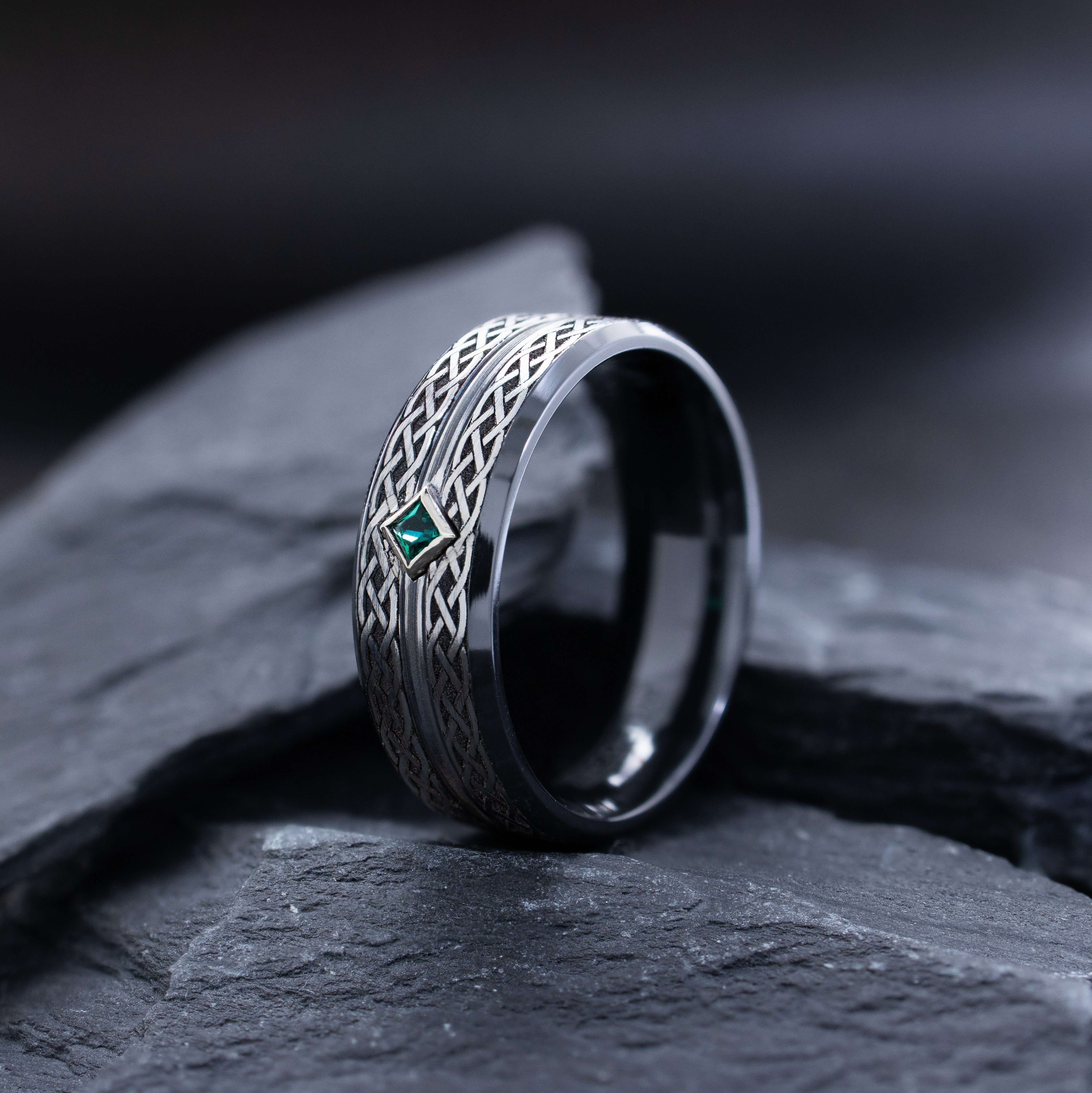 8mm Grooved Black Zirconium Ring with Engraved Braids and Gemstone