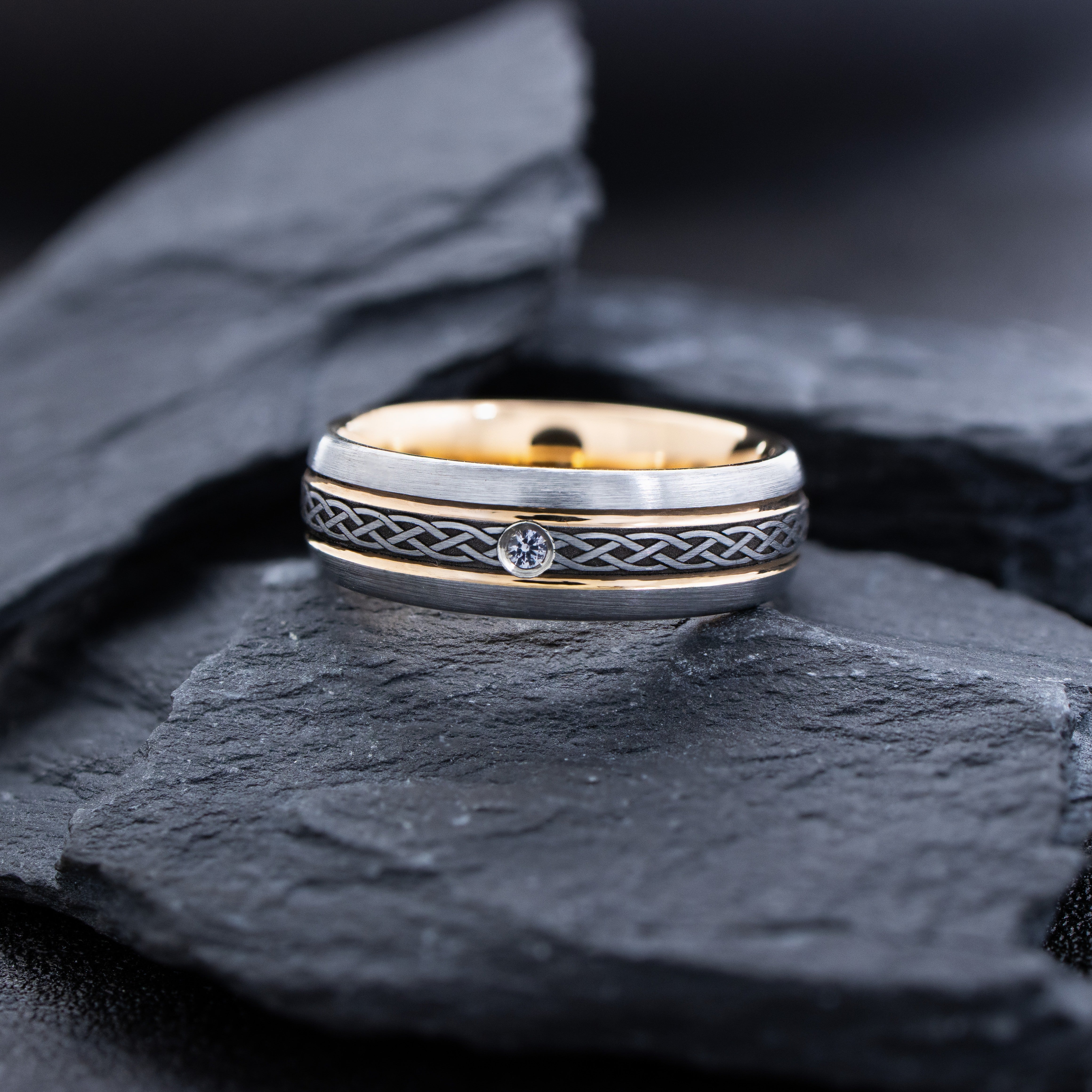 Rose Gold Plated 7mm Tungsten Carbide Ring with Thin Celtic Knot Engravings & Gemstone