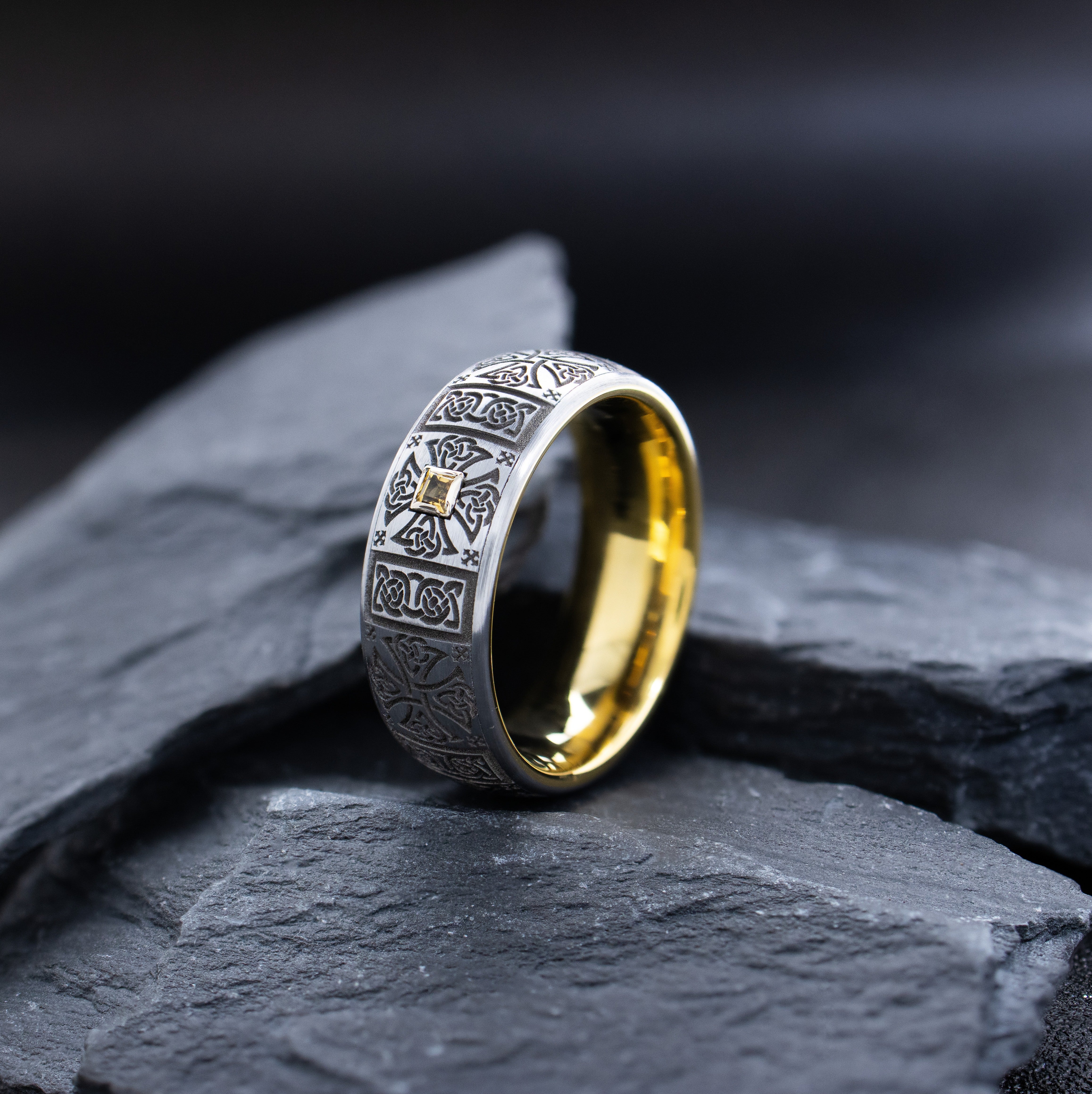 Yellow Gold Plated 8mm Deep Engraved Tungsten Carbide Ring with Celtic Crosses and Princess Cut Gemstone