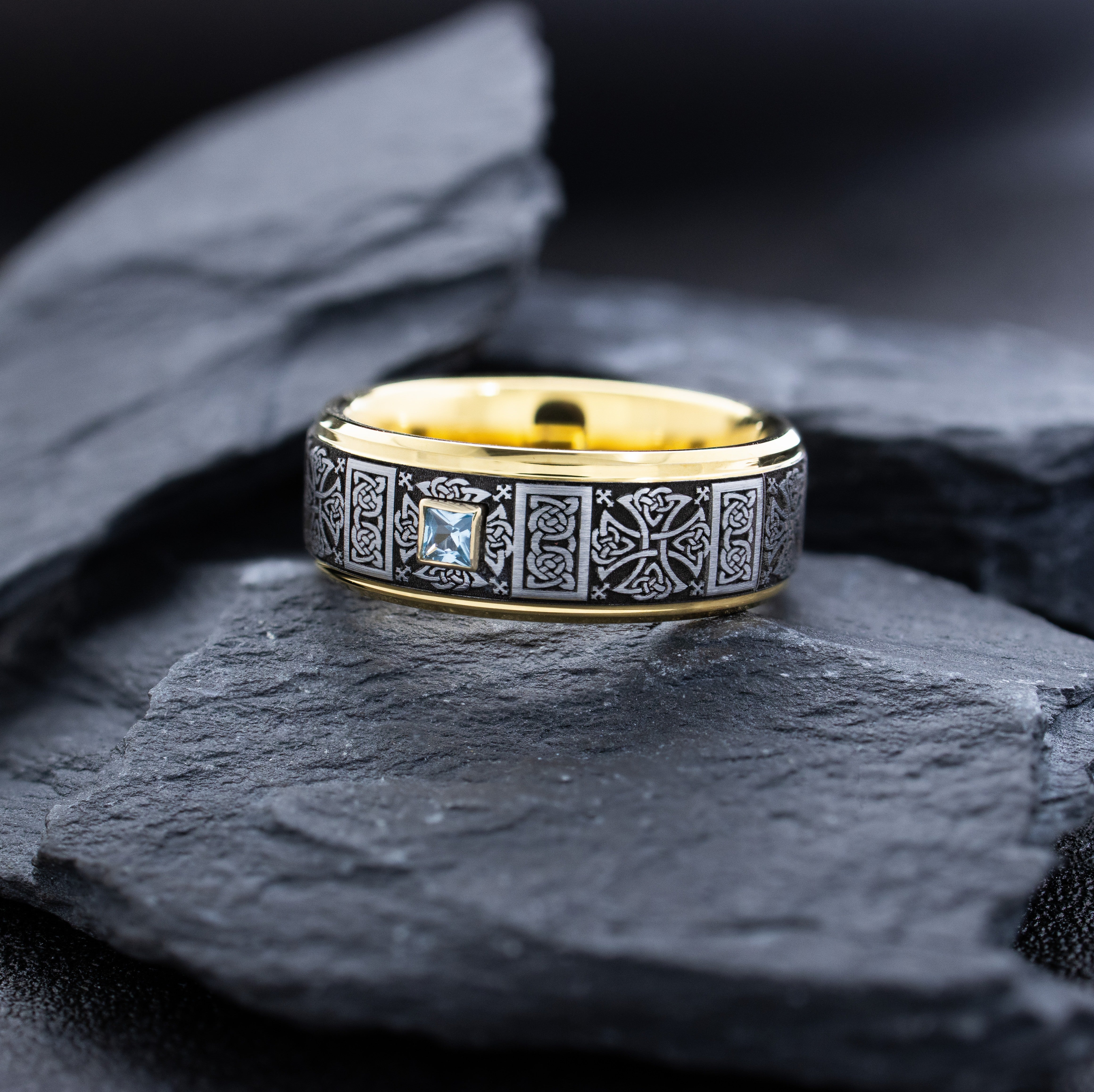 8mm Yellow Gold Deep Engraved Tungsten Carbide Ring with Gemstone and Celtic Patterns