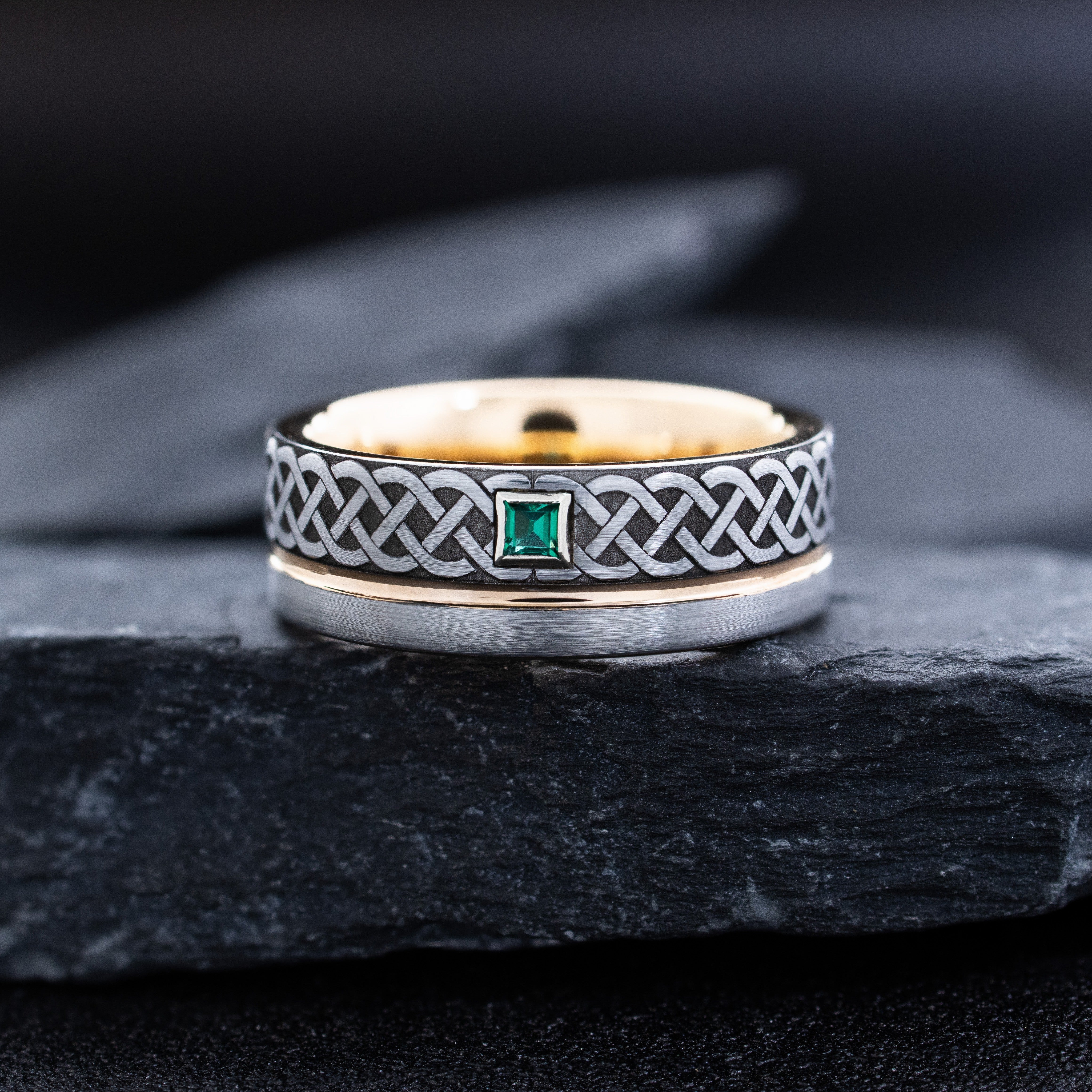 8mm Tungsten Carbide Ring with Rose Gold Plating, Celtic Braid Engraving, Groove and Gemstone