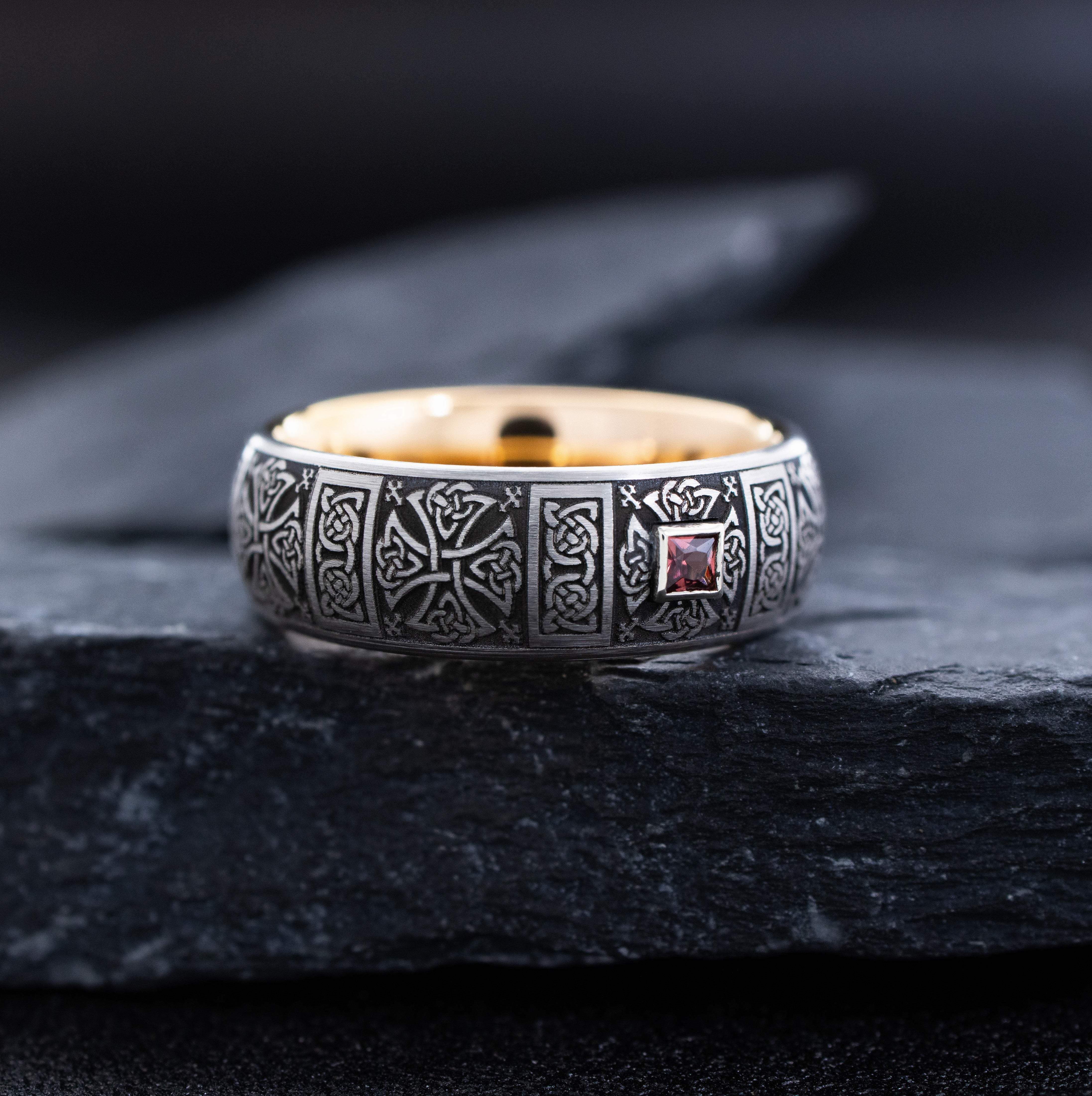 8mm Rose Gold Plated Deep Engraved Celtic Cross Tungsten Carbide Ring with Princess Cut Gemstone