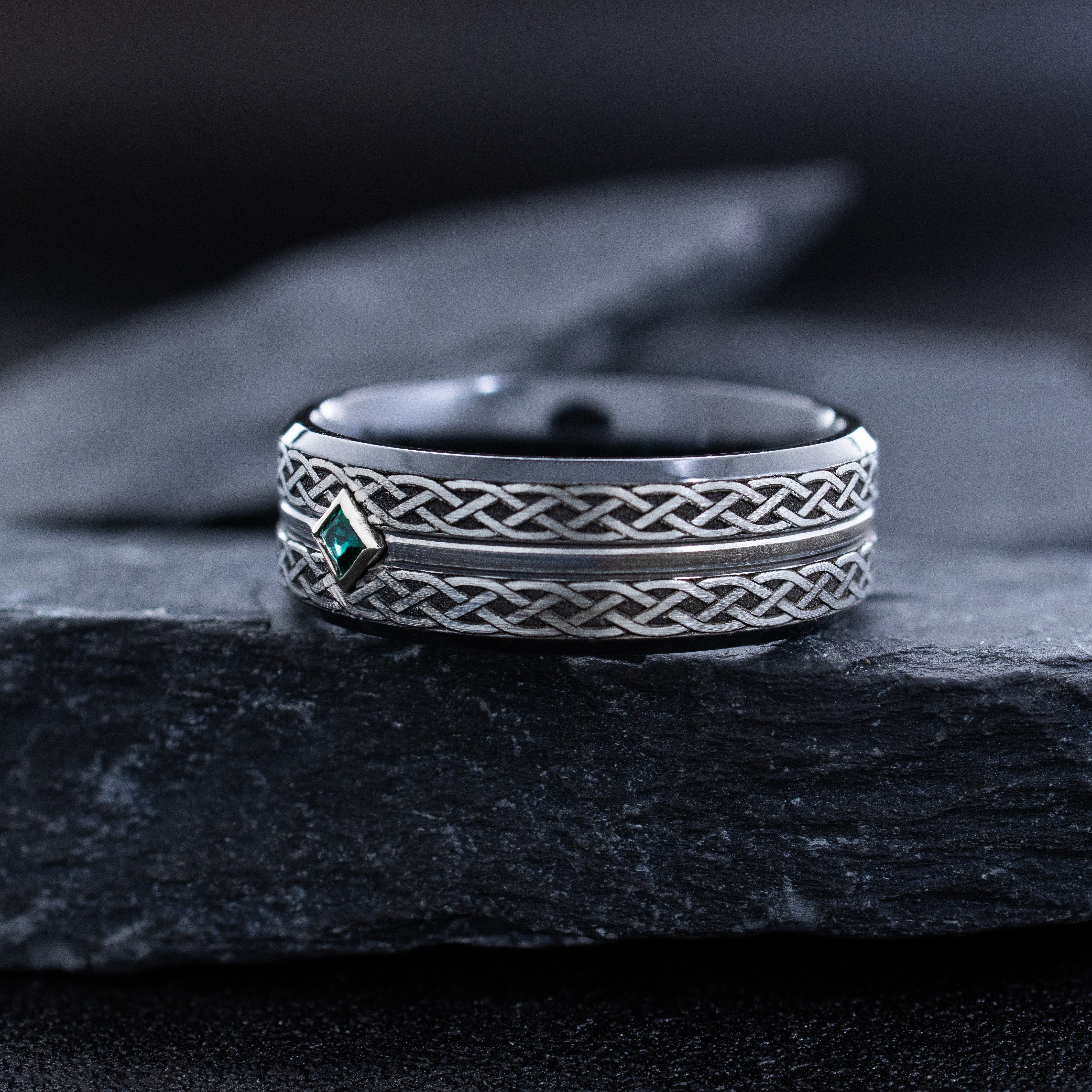 8mm Grooved Black Zirconium Ring with Engraved Braids and Gemstone