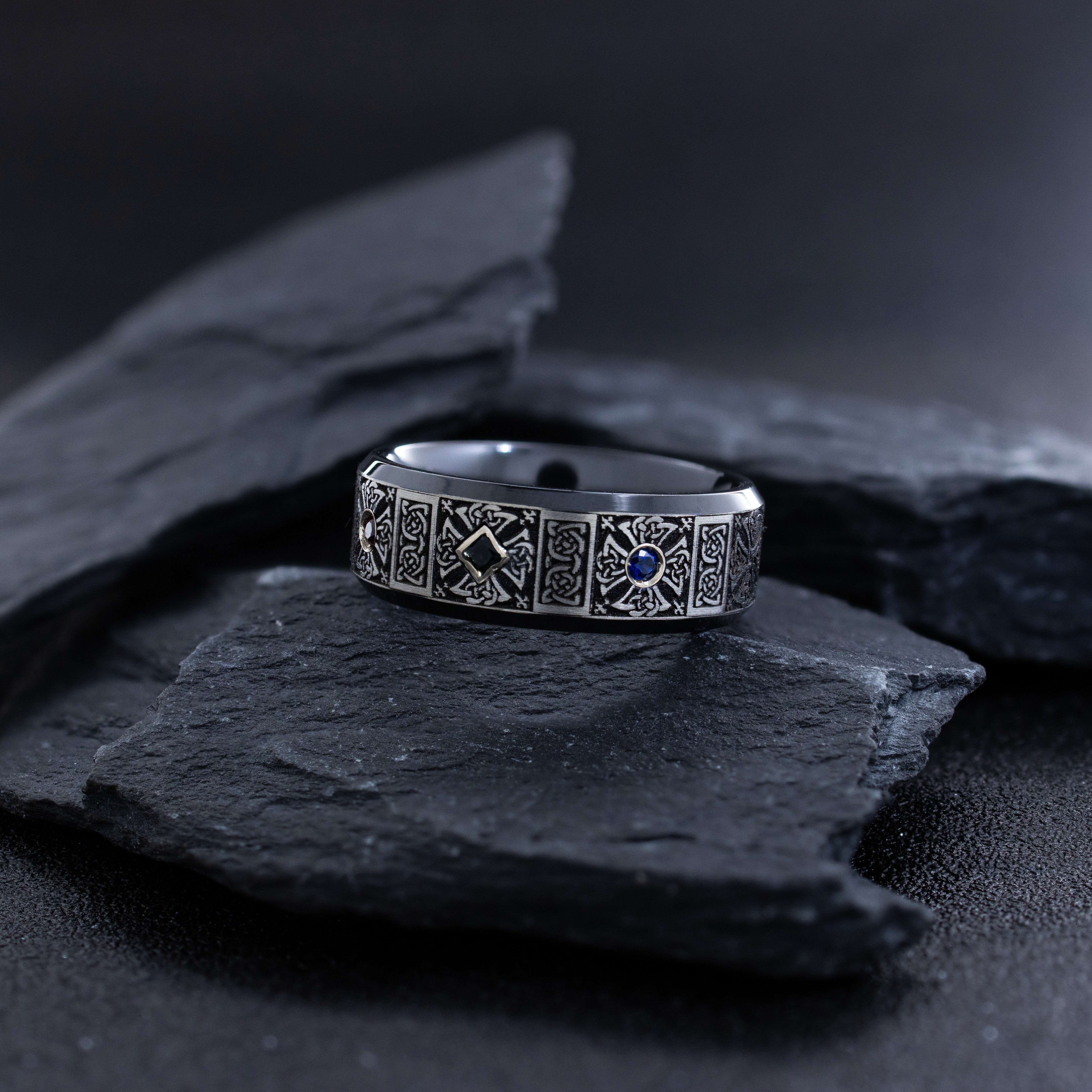 8mm Black Zirconium Ring with Engraved Celtic Symbols and Three Gemstones