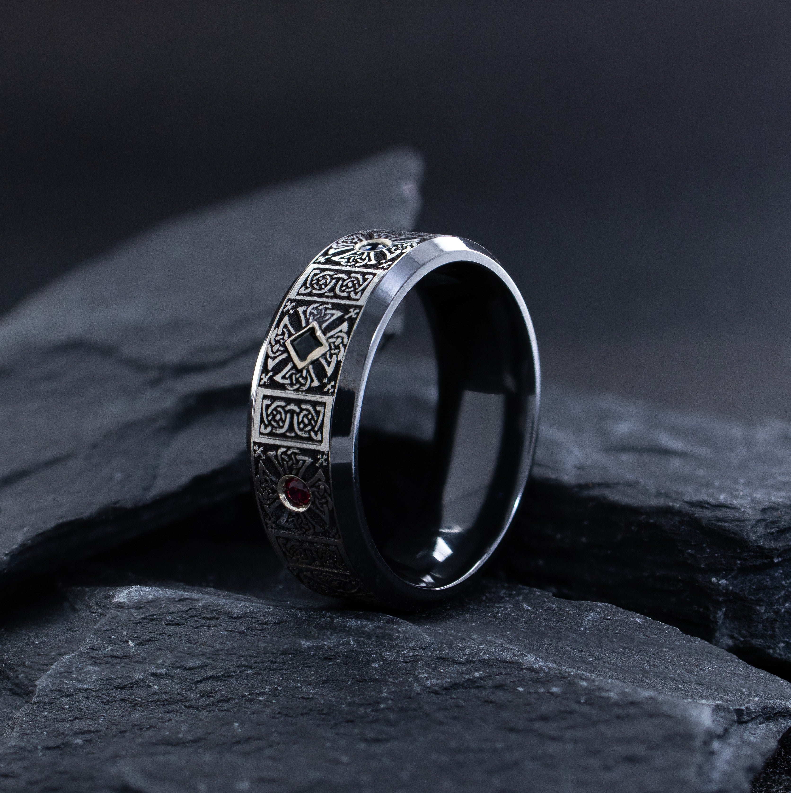 8mm Black Zirconium Ring with Engraved Celtic Symbols and Three Gemstones