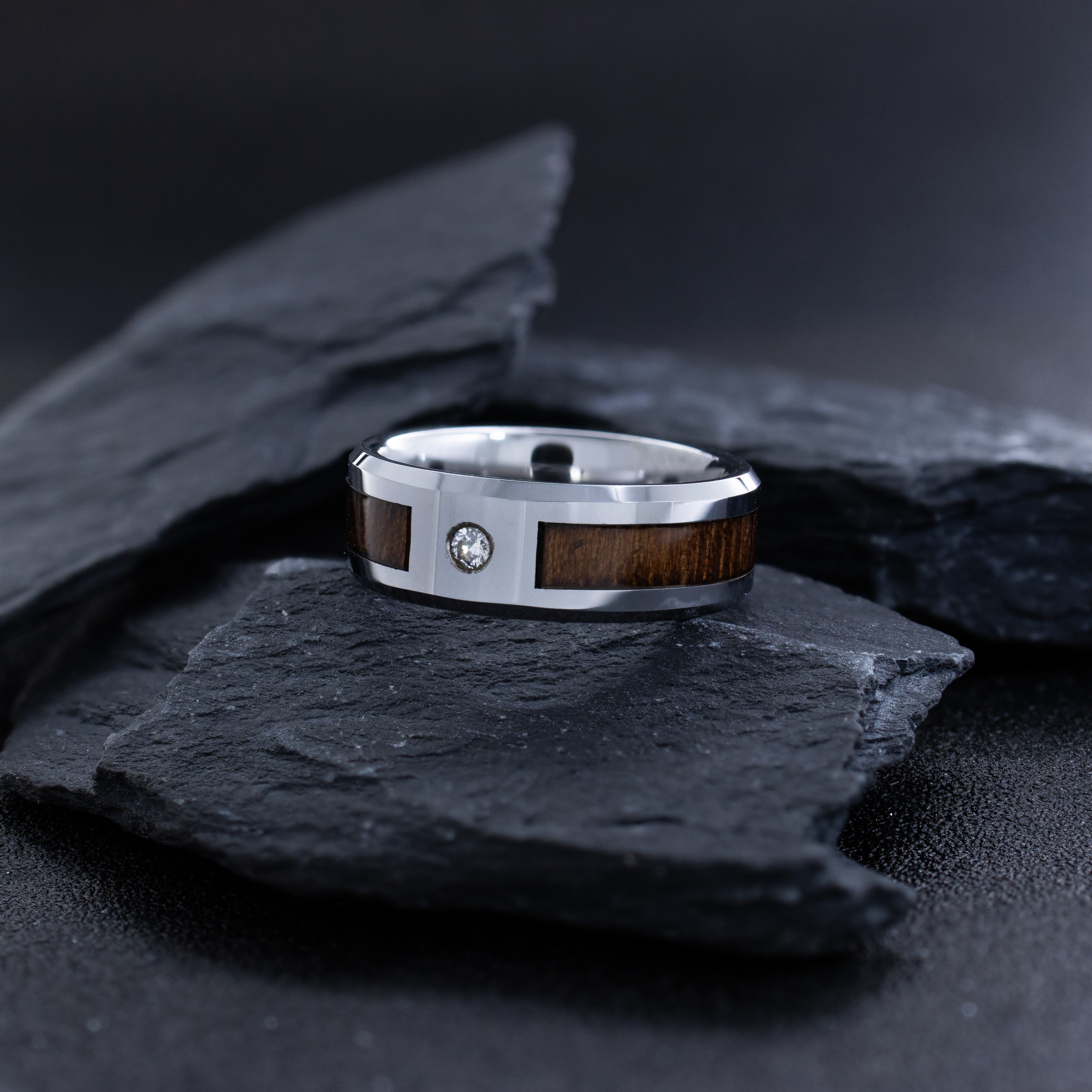 8mm Tungsten Carbide Ring with Koa Wood and Gemstone