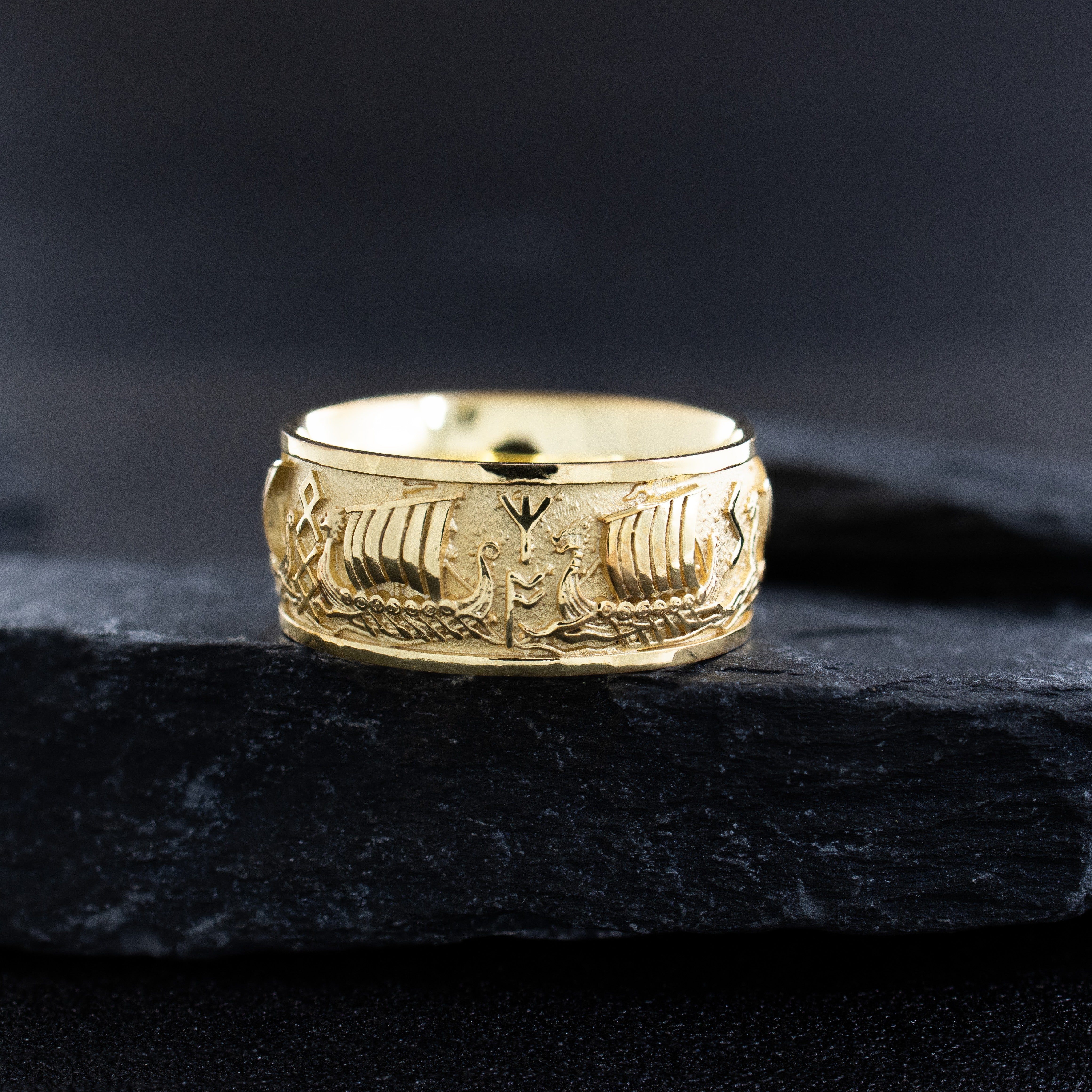 10mm, Dome Shaped, 14k and 18k Solid Yellow Gold Ring with Norse Runes and Viking Warships