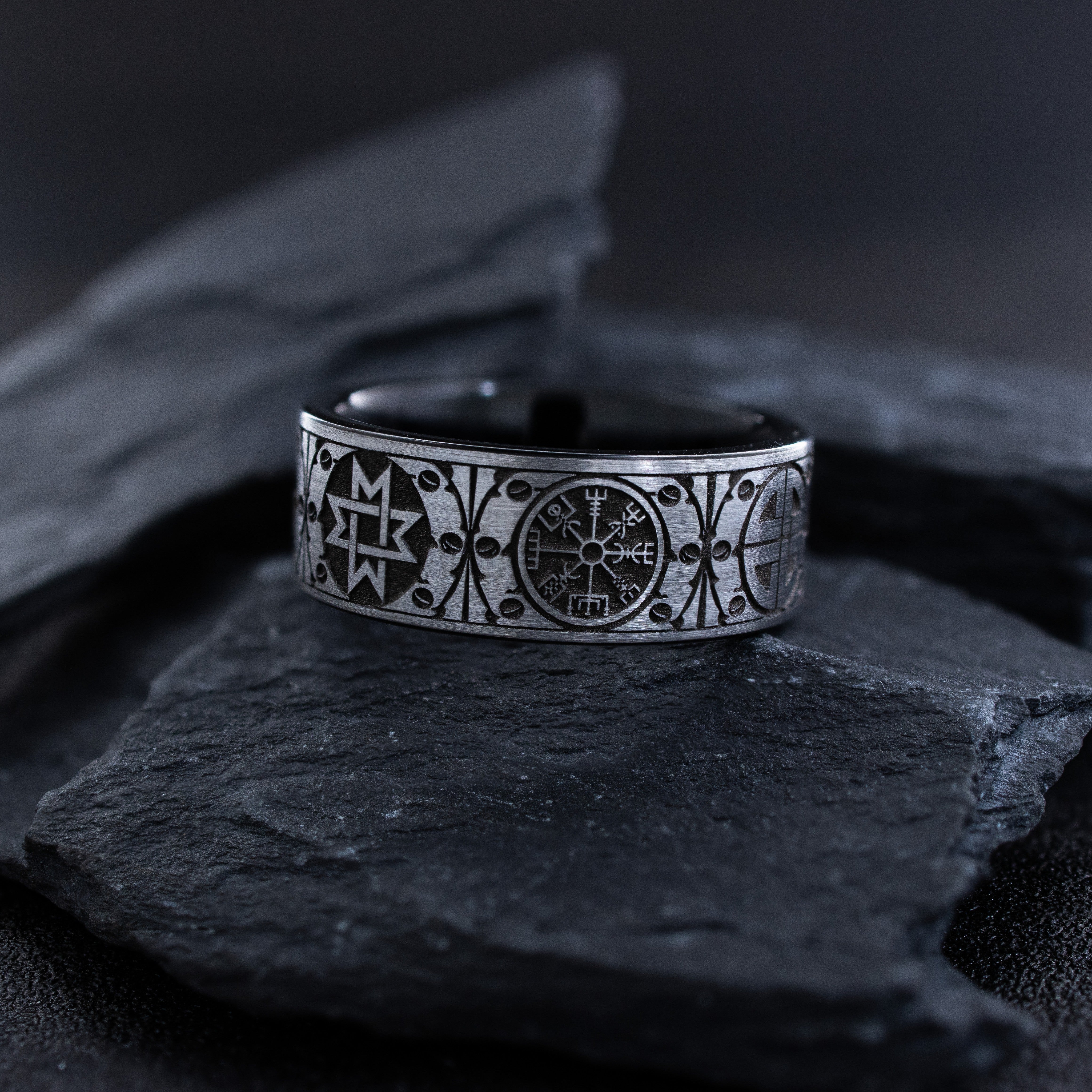 9mm Black and Silver Tungsten Carbide Ring with Engraved Norse Viking Symbols