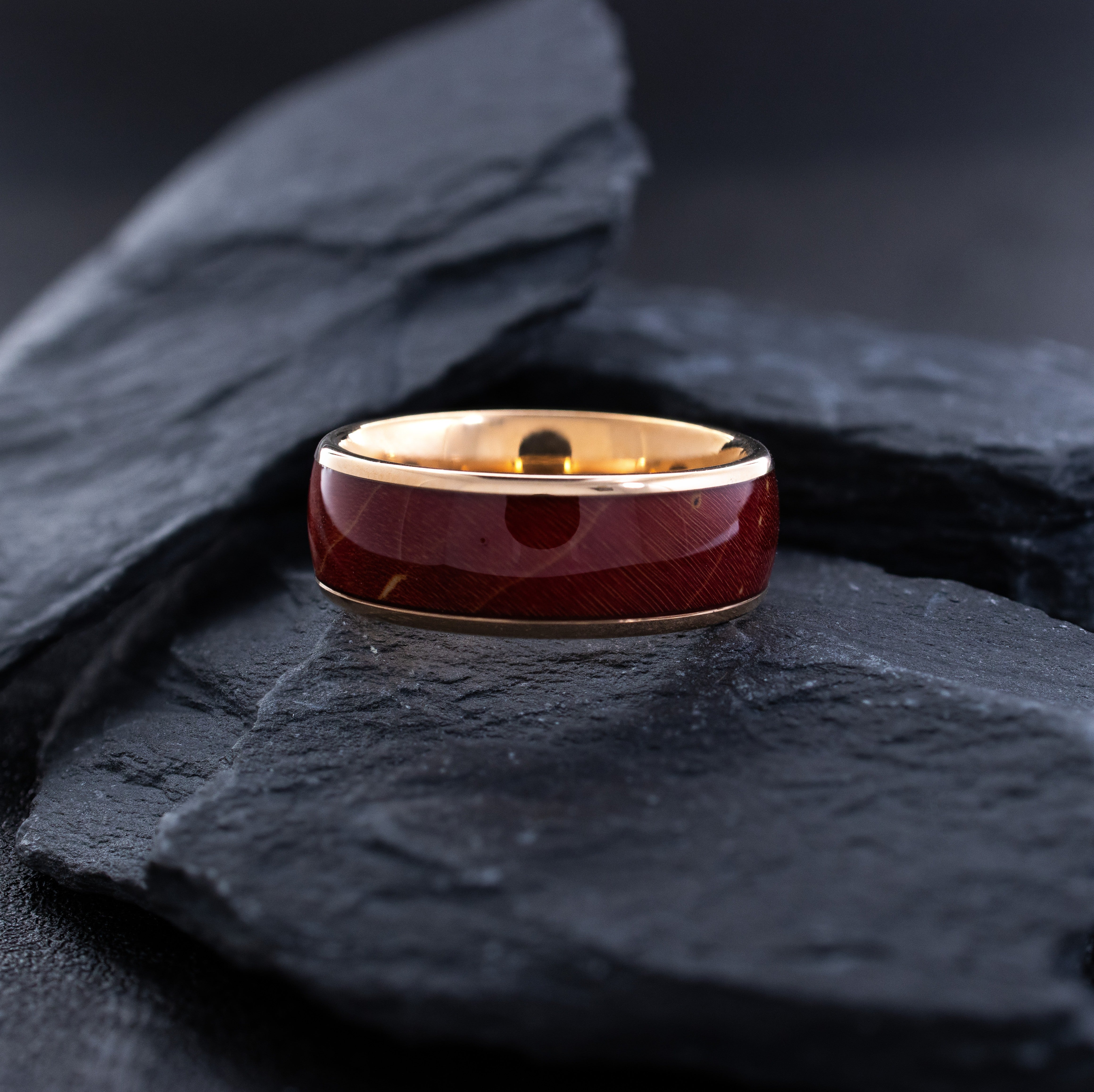 8mm Dome Rose Gold Plated Tungsten Ring with Stained Solidified Wood