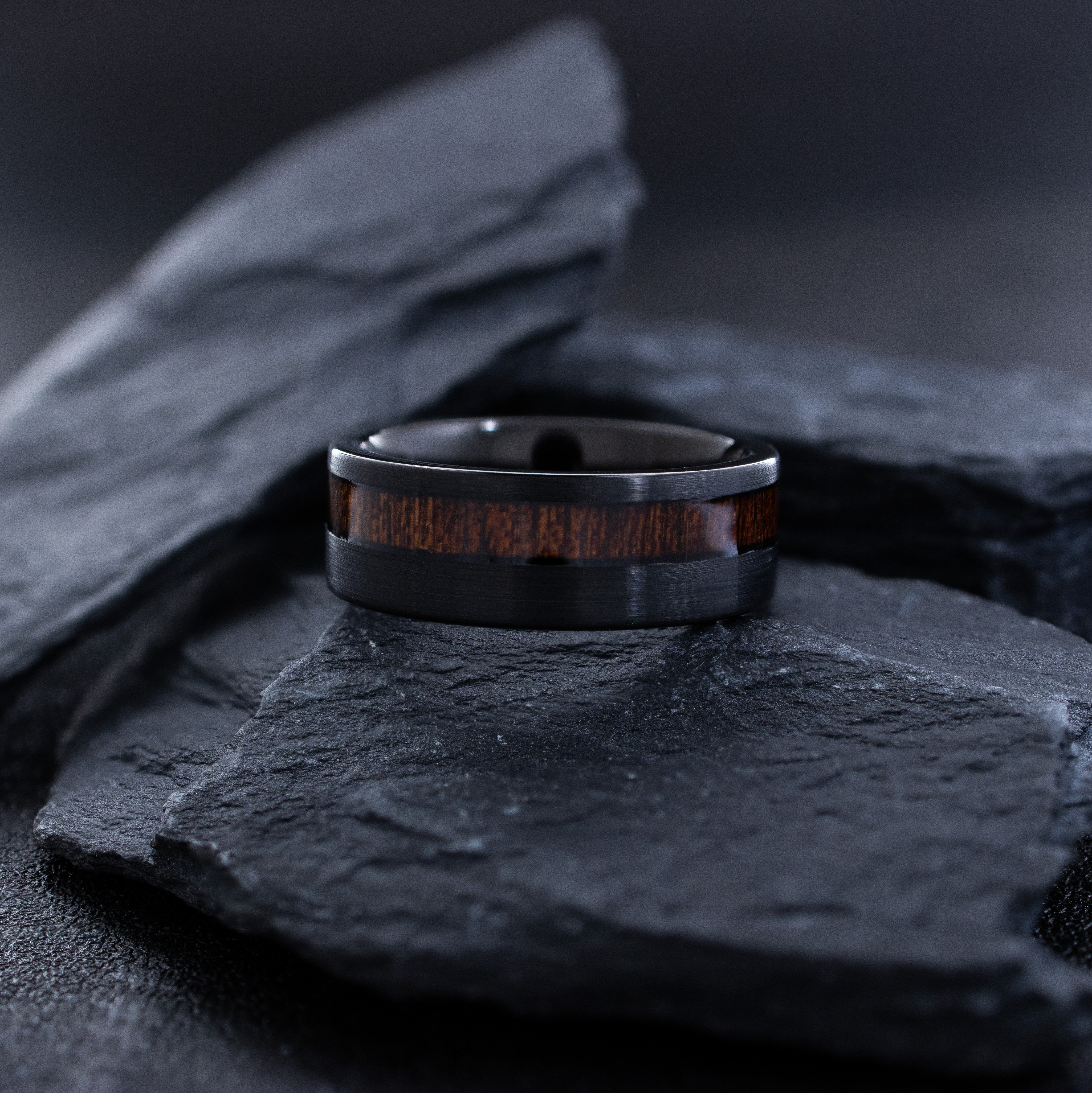 8mm Black Tungsten Ring with Koa Wood