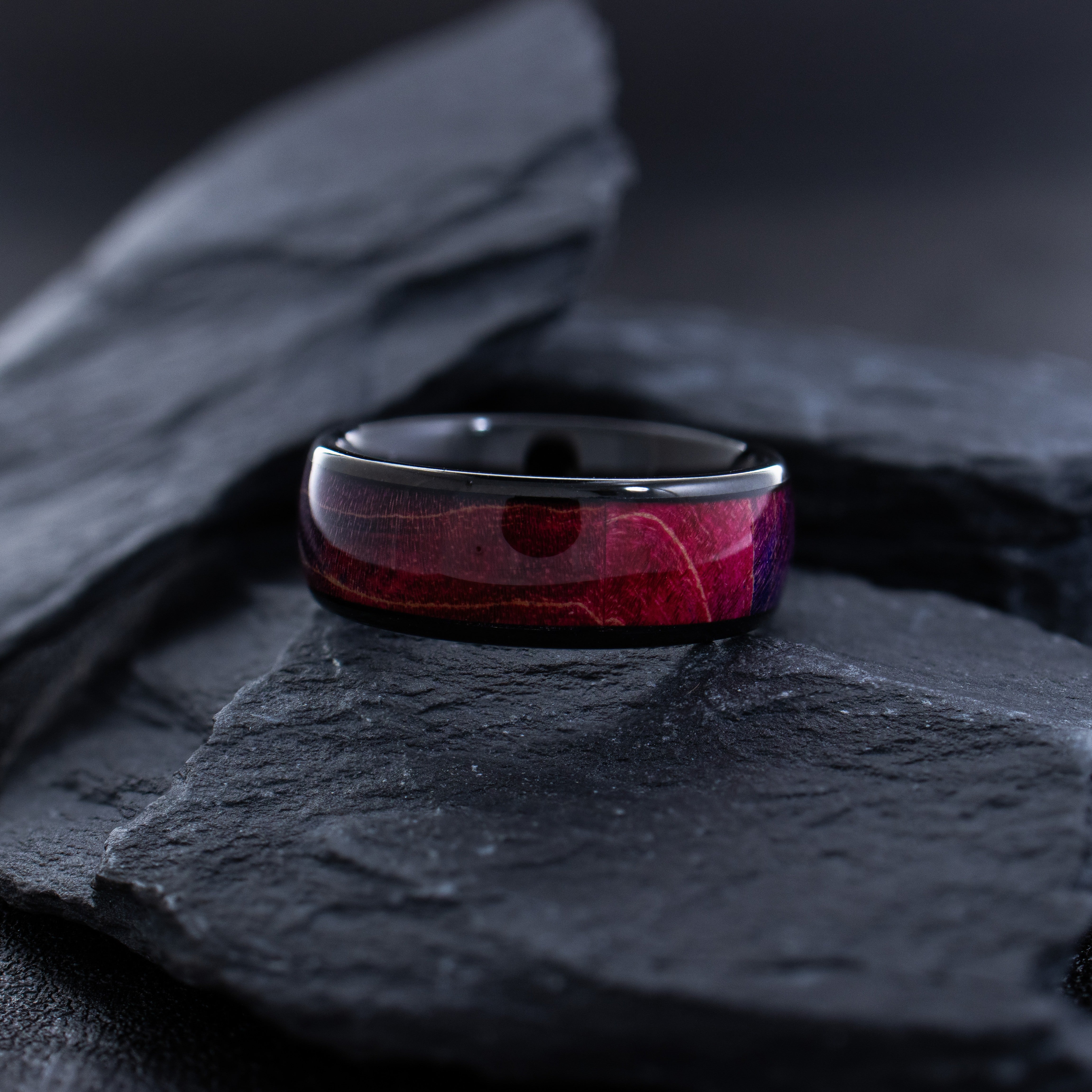 8mm Black Tungsten Ring with Stabilized Burl Wood Inlay