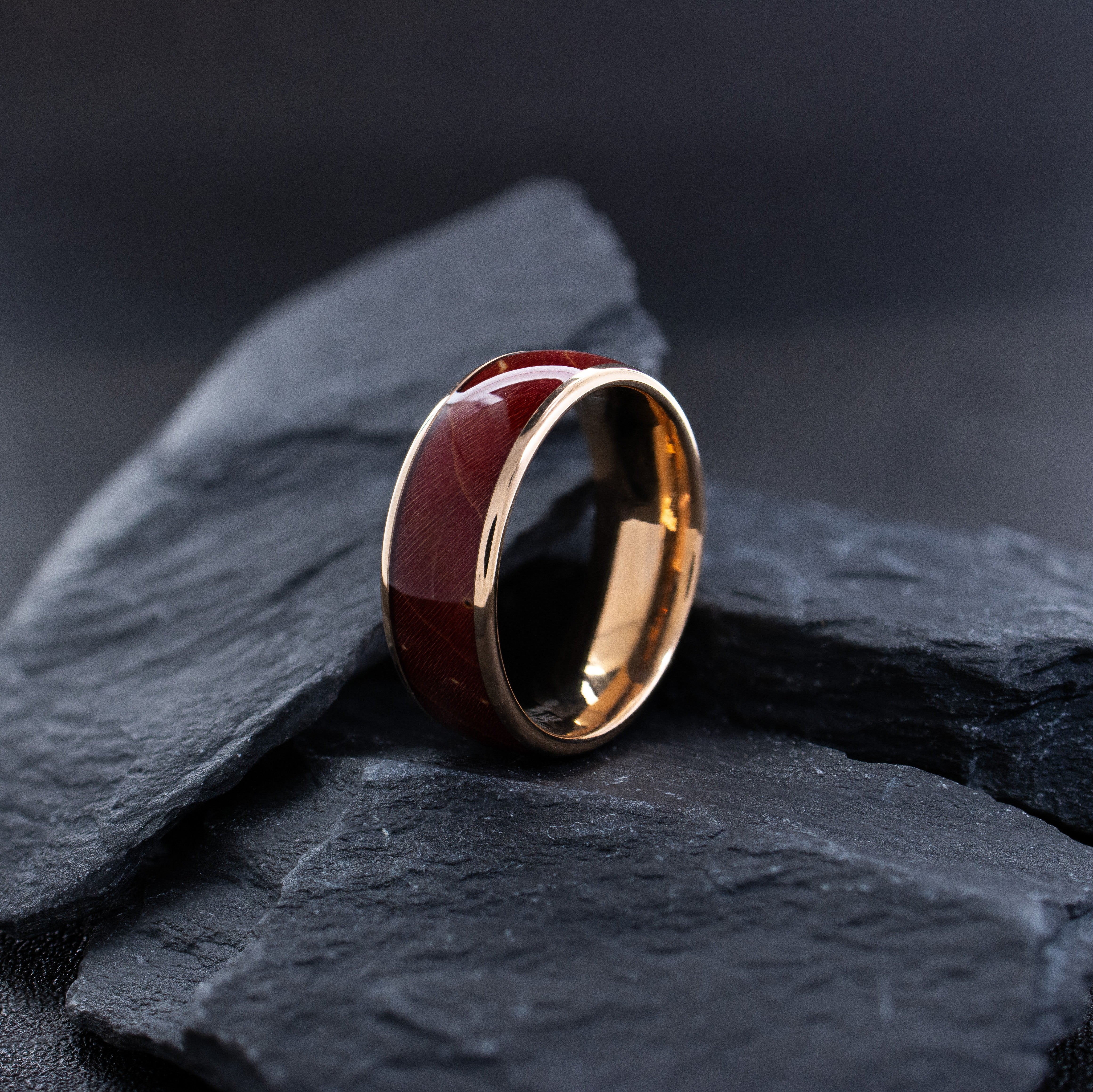 8mm Dome Rose Gold Plated Tungsten Ring with Stained Solidified Wood