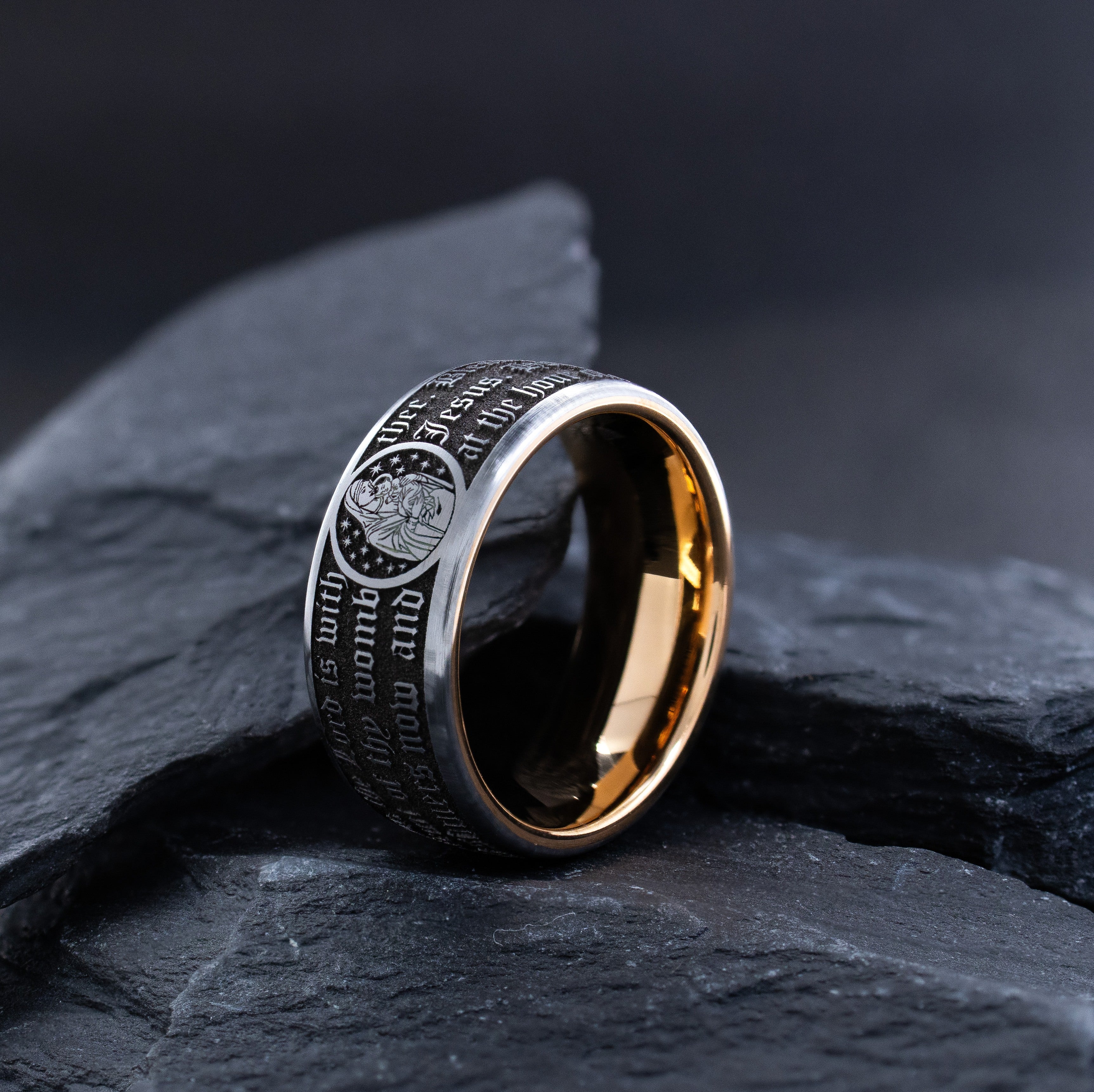 9mm Rose Gold and Black Tungsten Ring with Virgin Mary and Christian Prayer