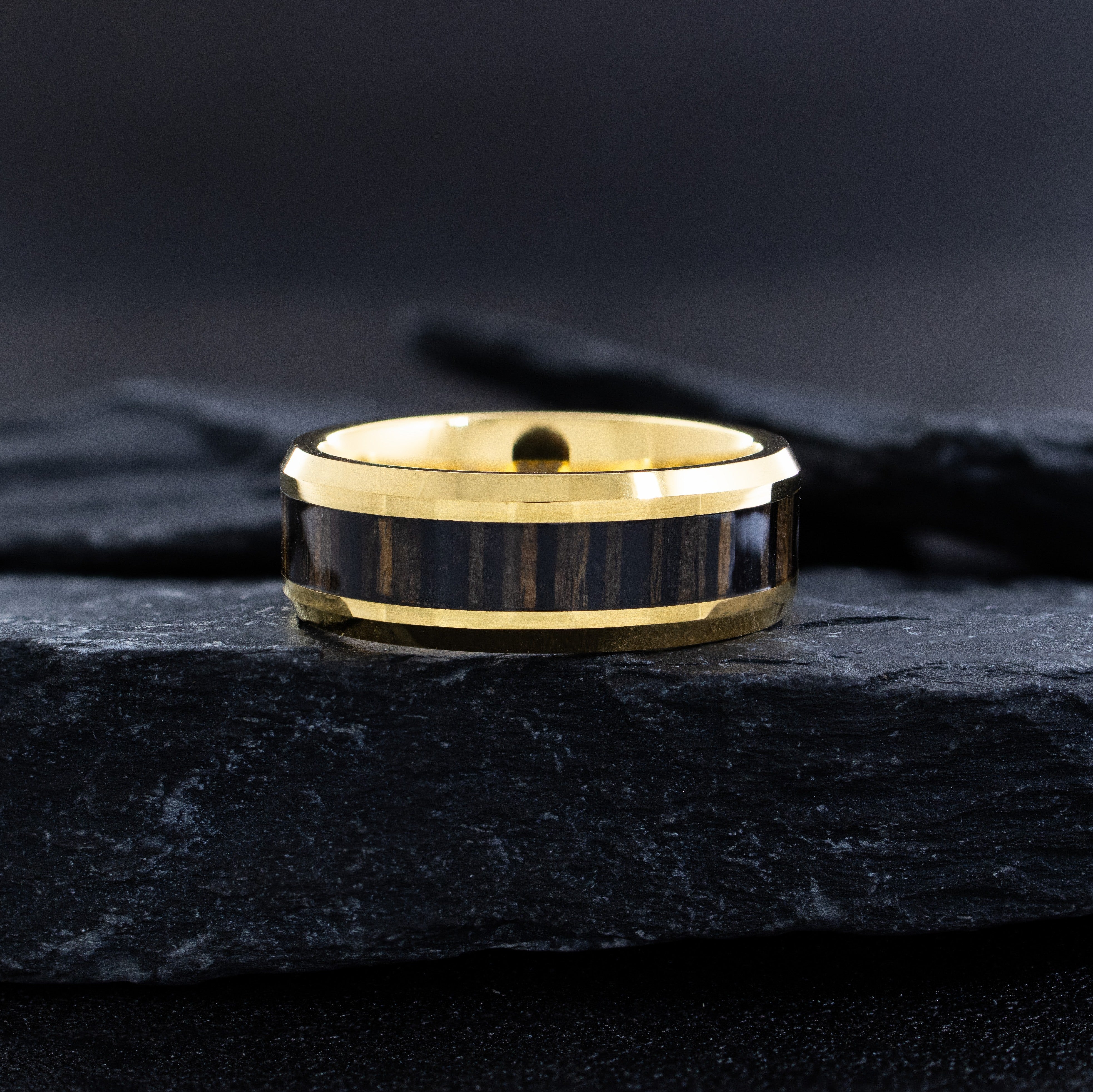 8mm Yellow Gold Plated Tungsten Ring with Zebra Wood Inlay