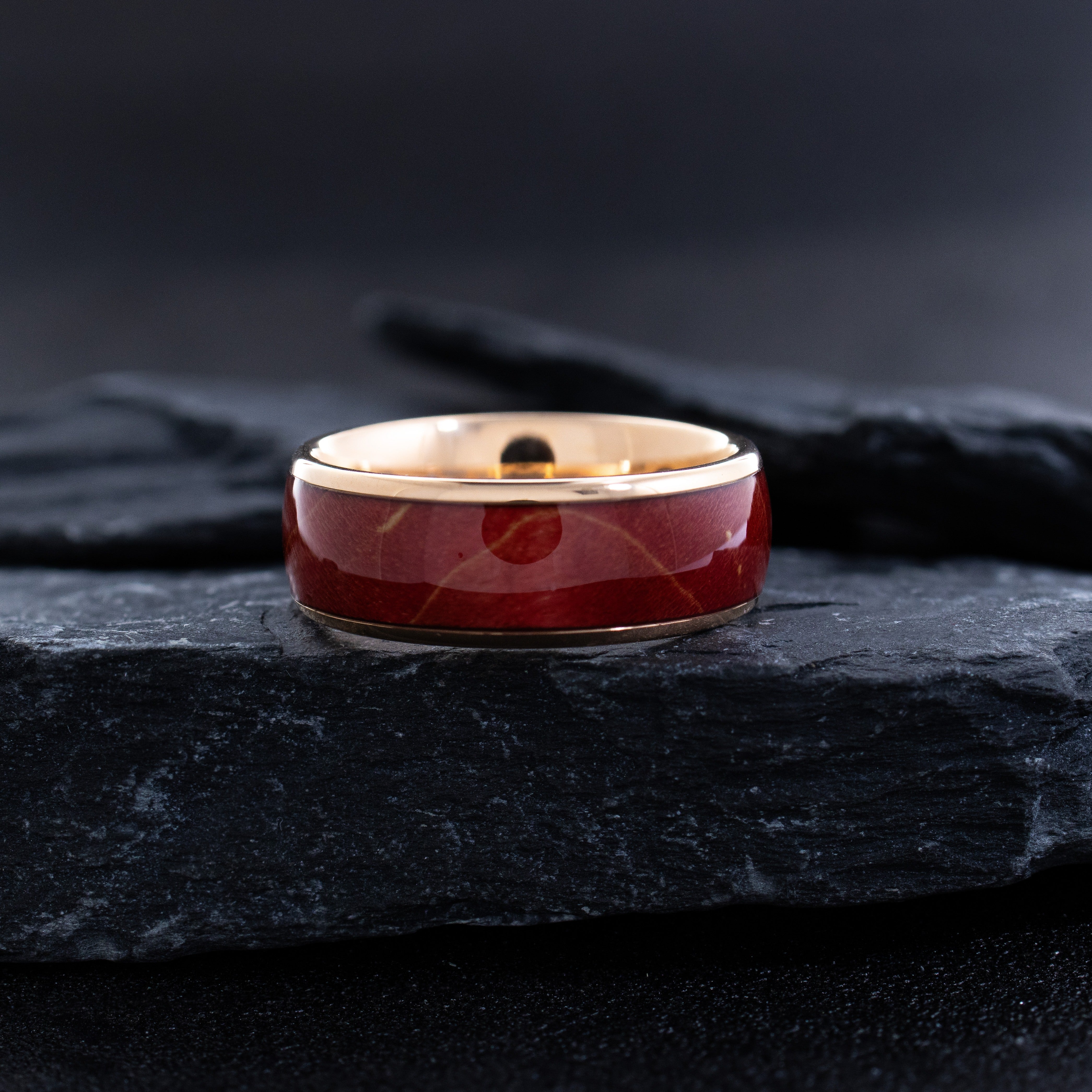8mm Dome Rose Gold Plated Tungsten Ring with Stained Solidified Wood