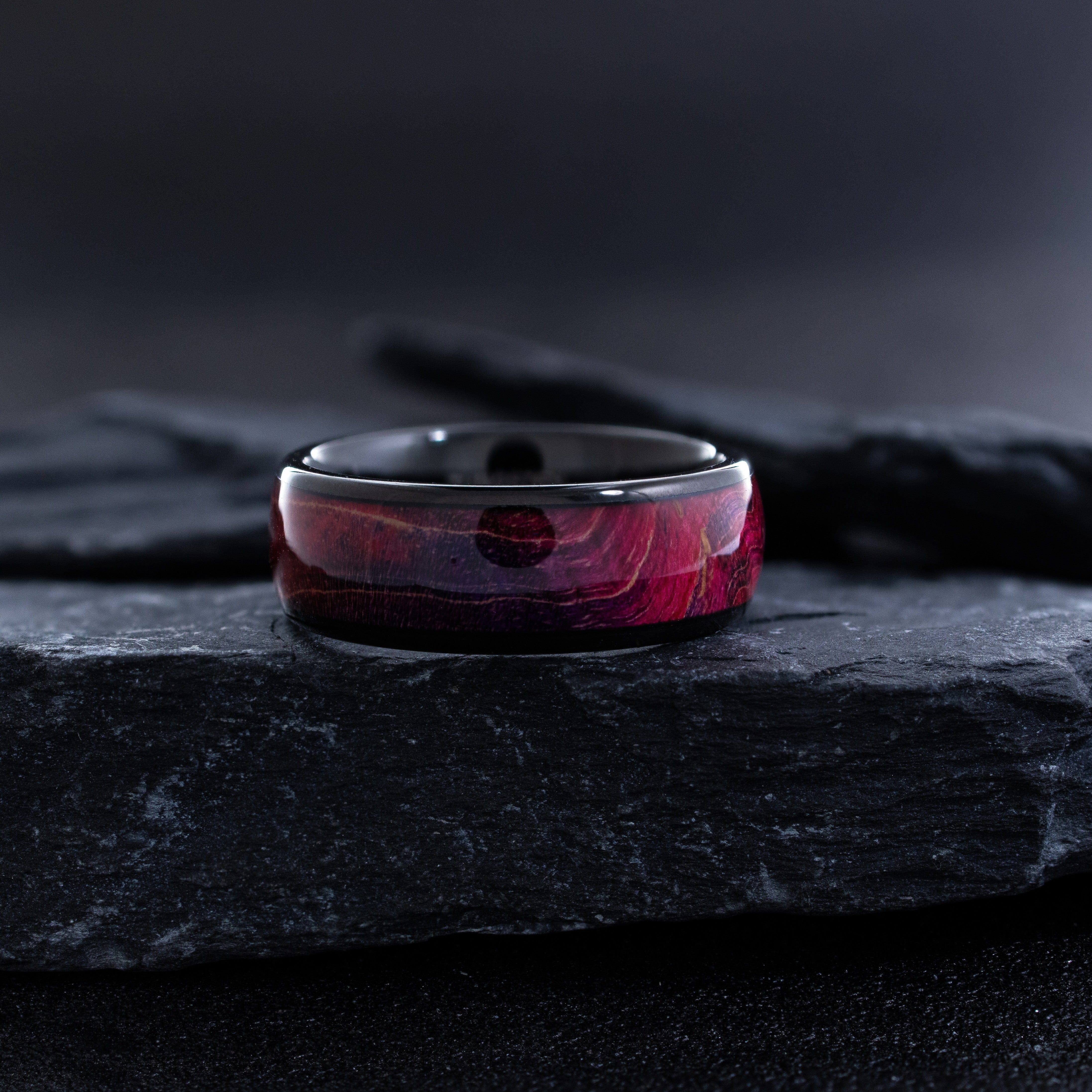 8mm Black Tungsten Ring with Stabilized Burl Wood Inlay
