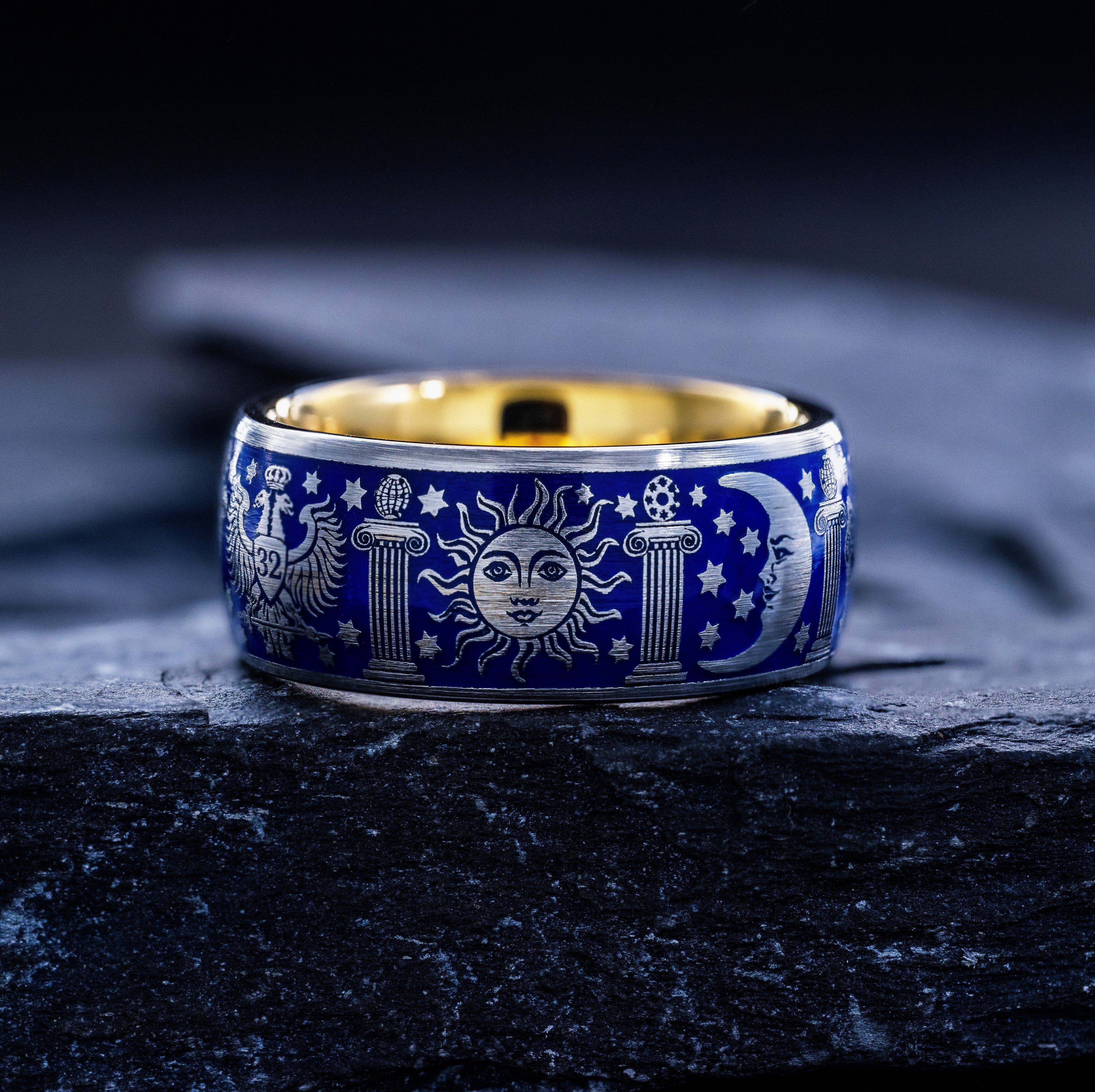 Masonic Tungsten Carbide Ring, 9mm Yellow Gold Plated Band with Masonic Symbols and Blue Enamel