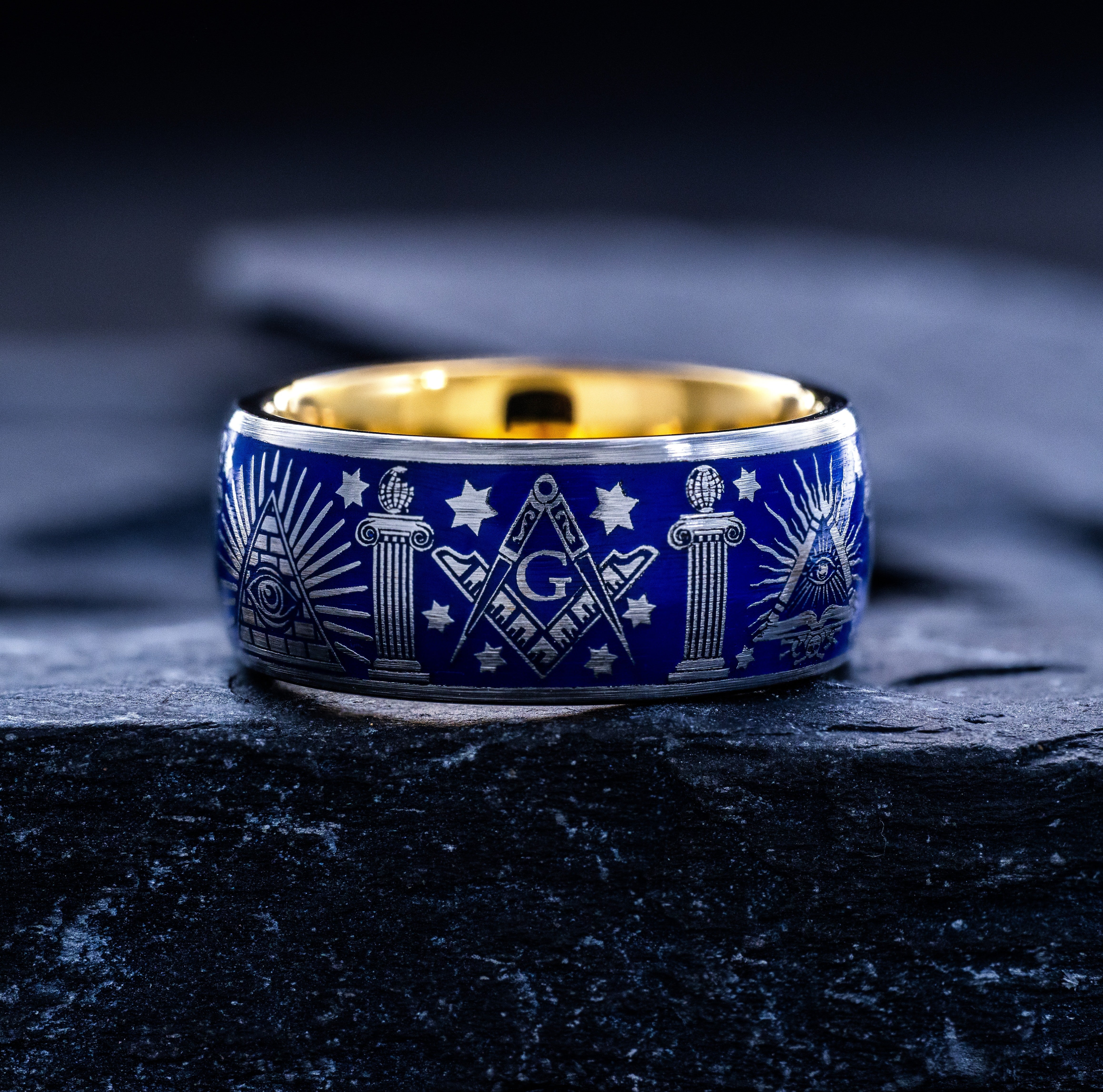 Masonic Tungsten Carbide Ring, 9mm Yellow Gold Plated Band with Masonic Symbols and Blue Enamel