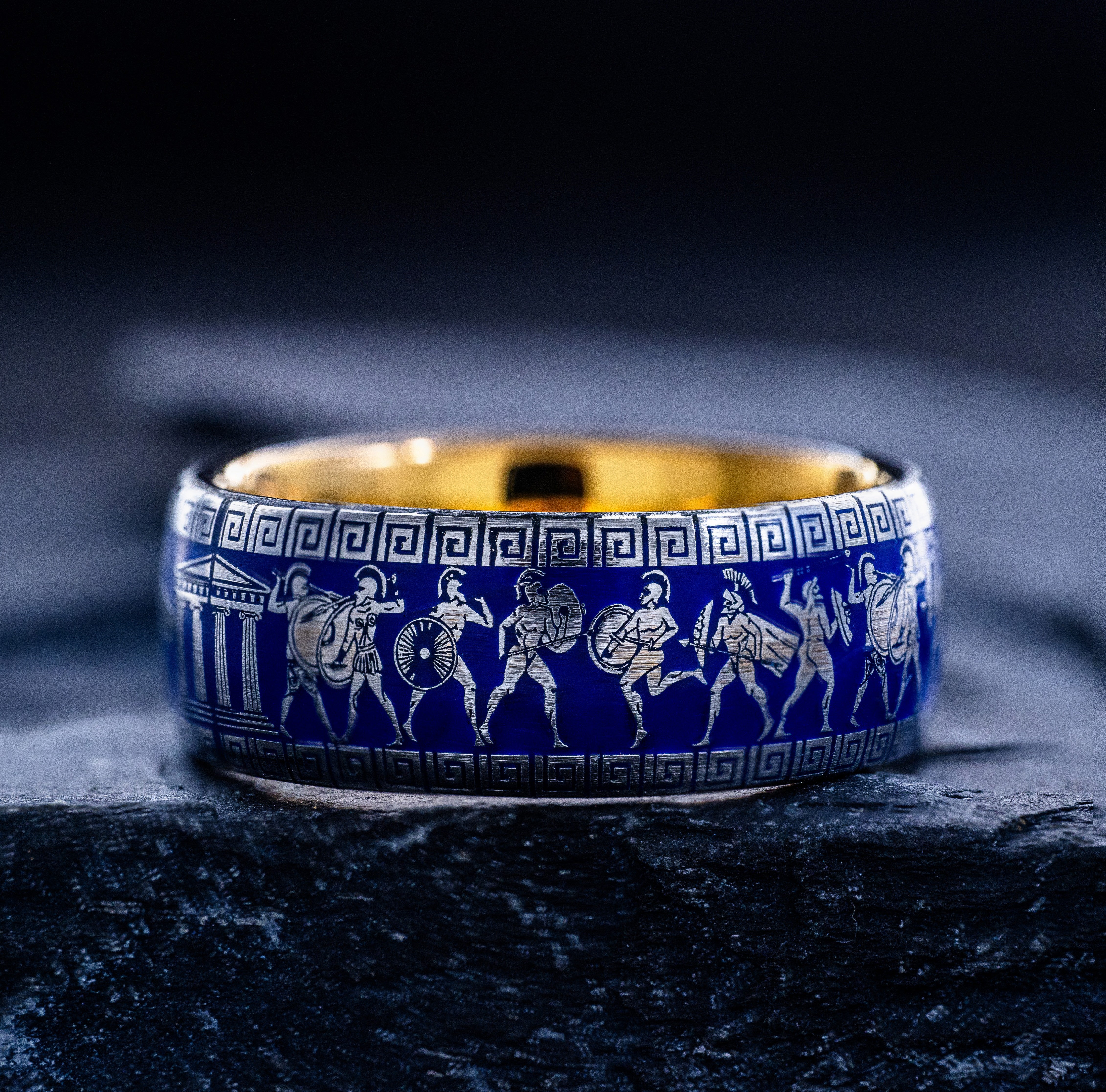 Royal Blue Enamel Ancient Greek Warrior Ring, 9mm Rose Gold Plated Band with Gemstone