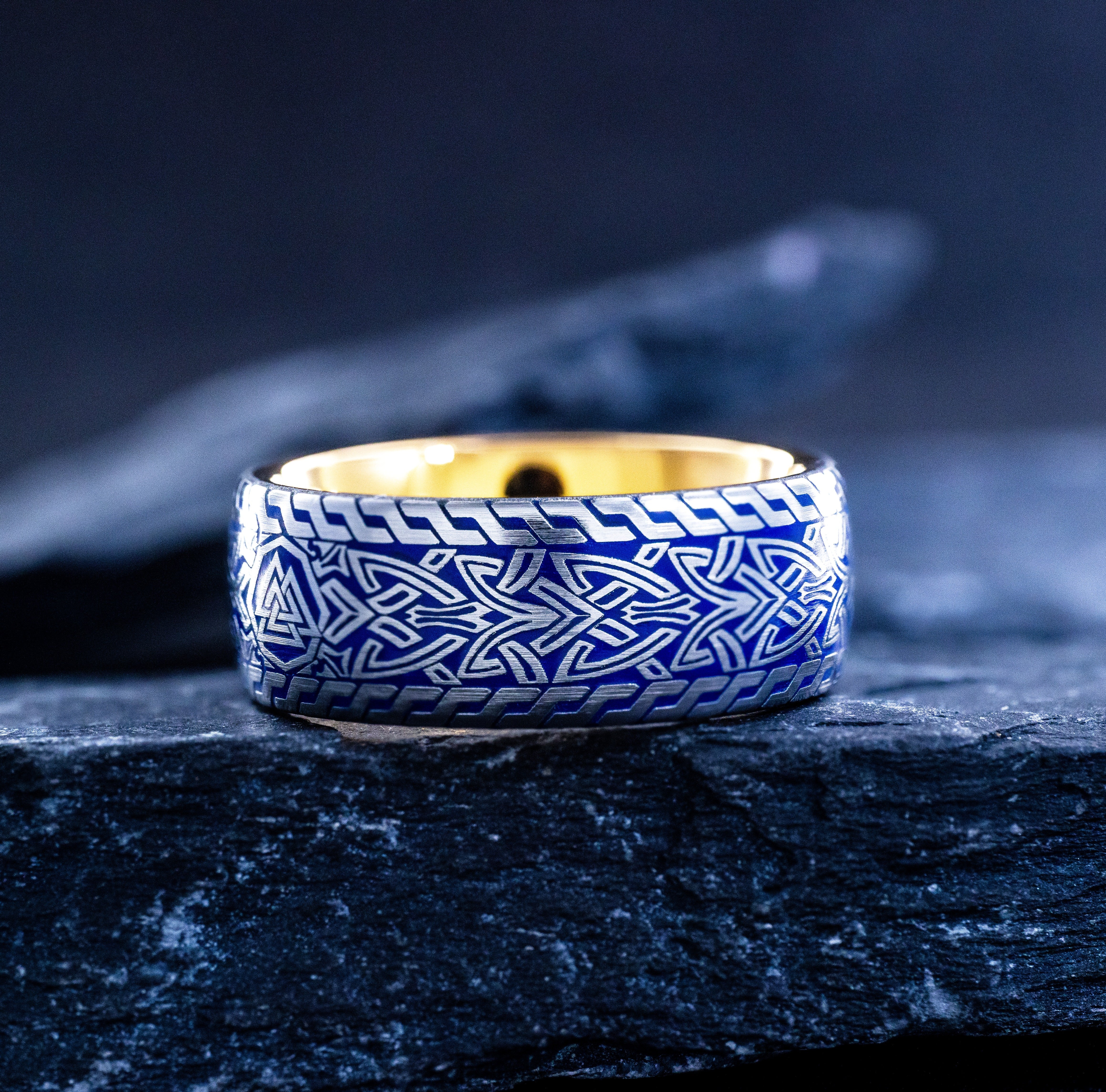 Viking Valknut Rune with Blue Enamel Ring, 9mm Rose Gold Plated Tungsten Carbide Band