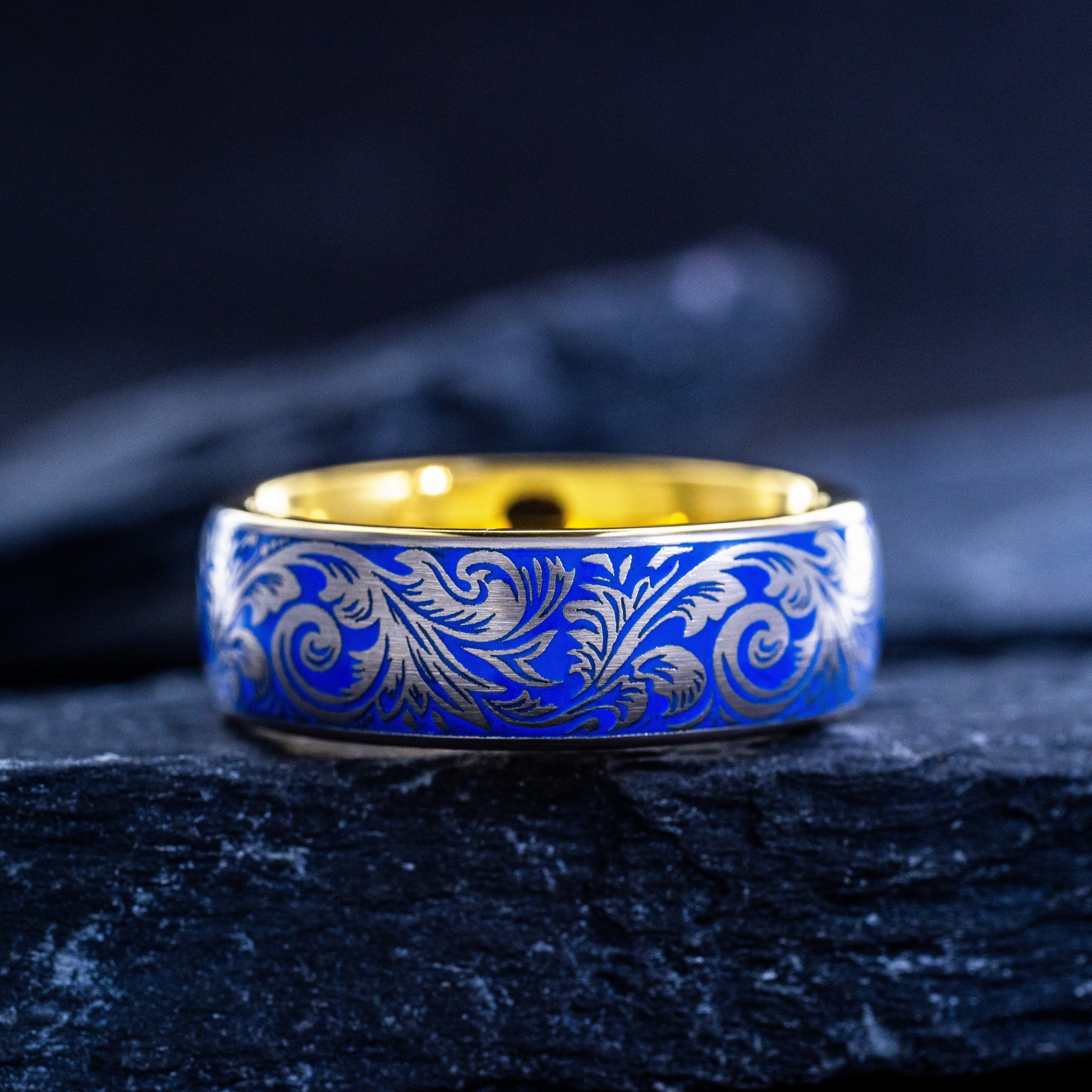 Victorian Fleur De Lis Floral Ring with Blue Enamel, 8mm Tungsten Band with Gold Plating