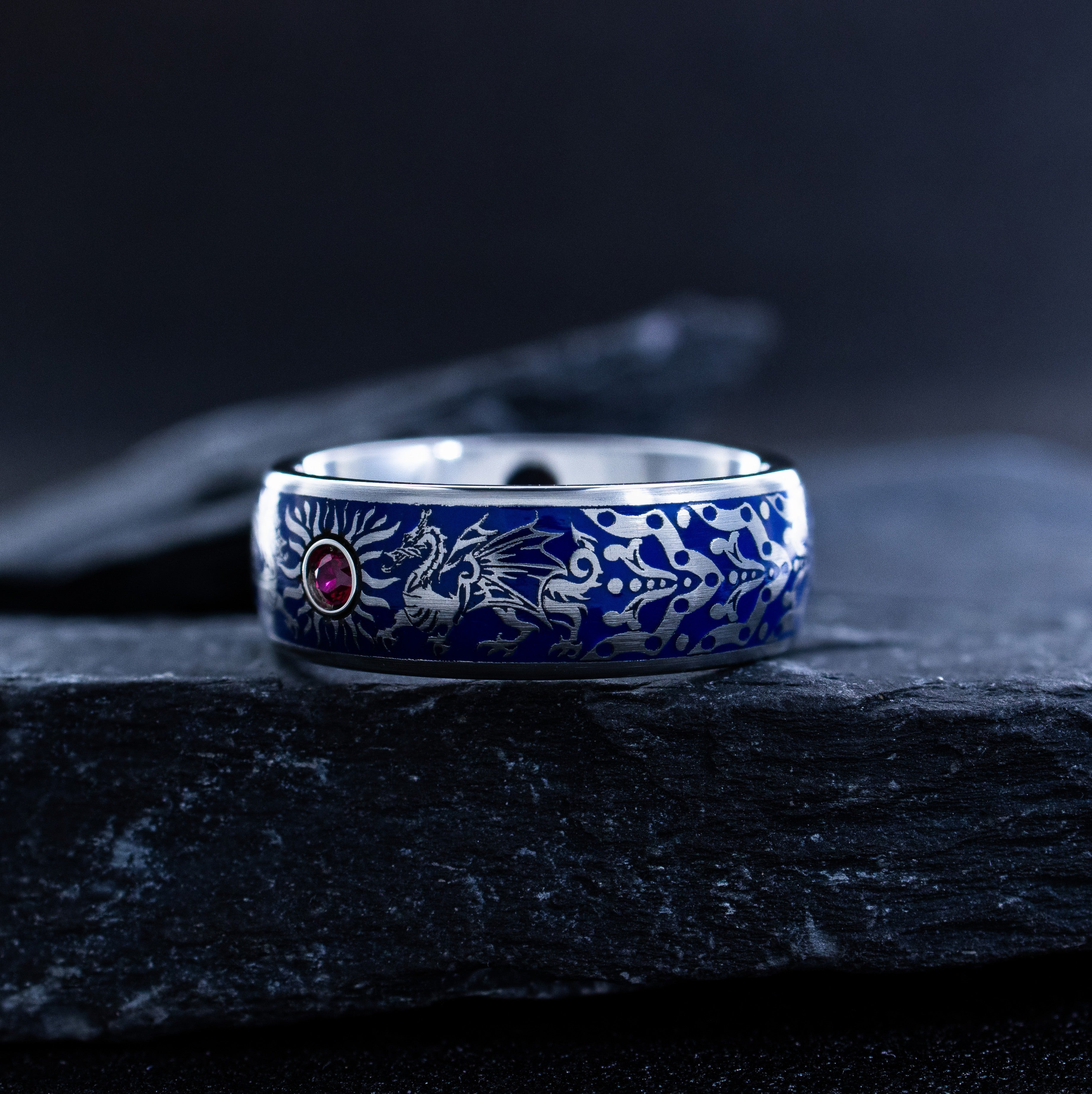 Heraldic Dragon Tungsten Ring with Royal Blue Enamel, 8mm Celtic Dragon Band