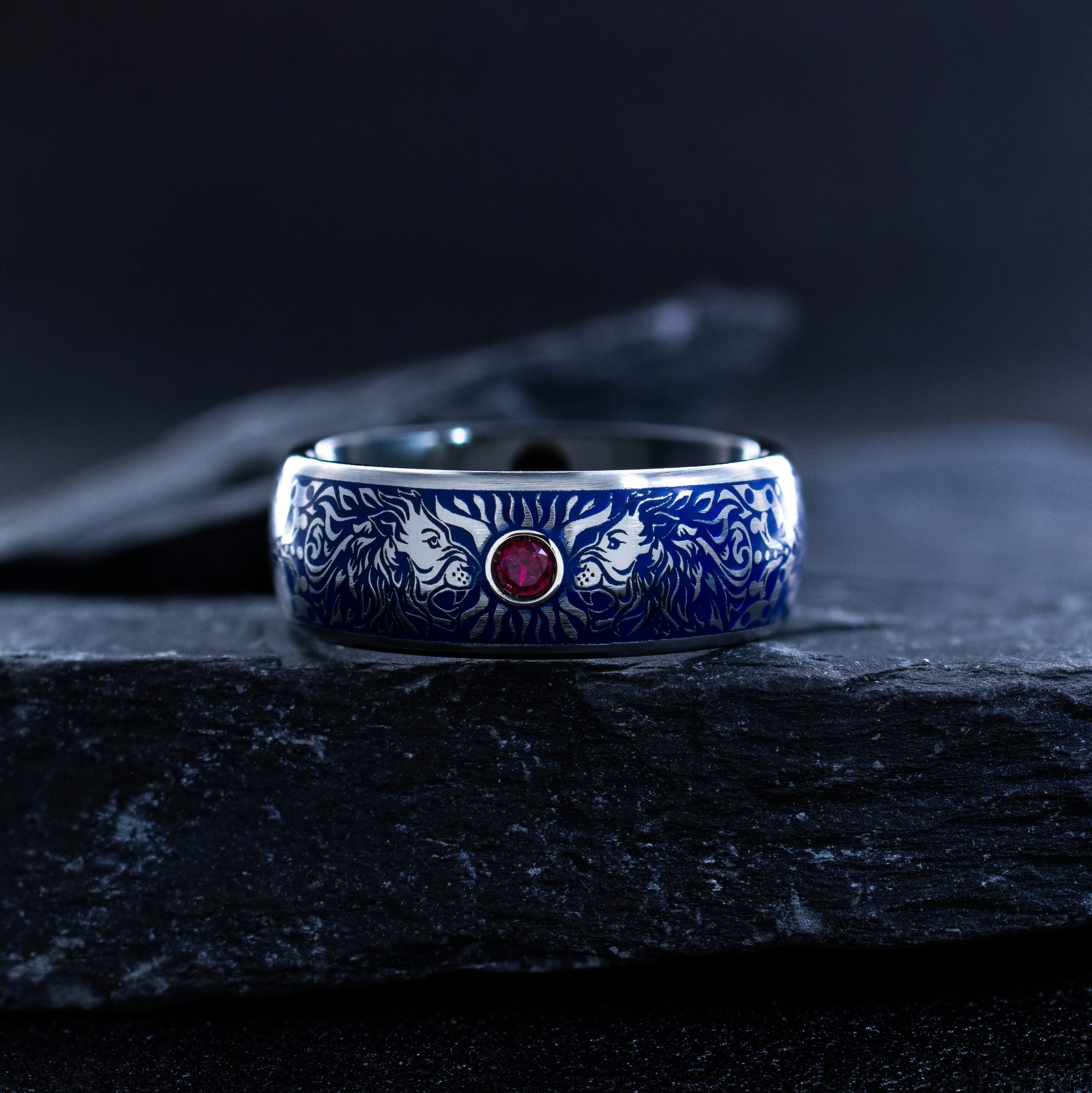 Lion Heads and Gemstone Tungsten Ring with Royal Blue Enamel, 8mm Personalized Tungsten Carbide Band