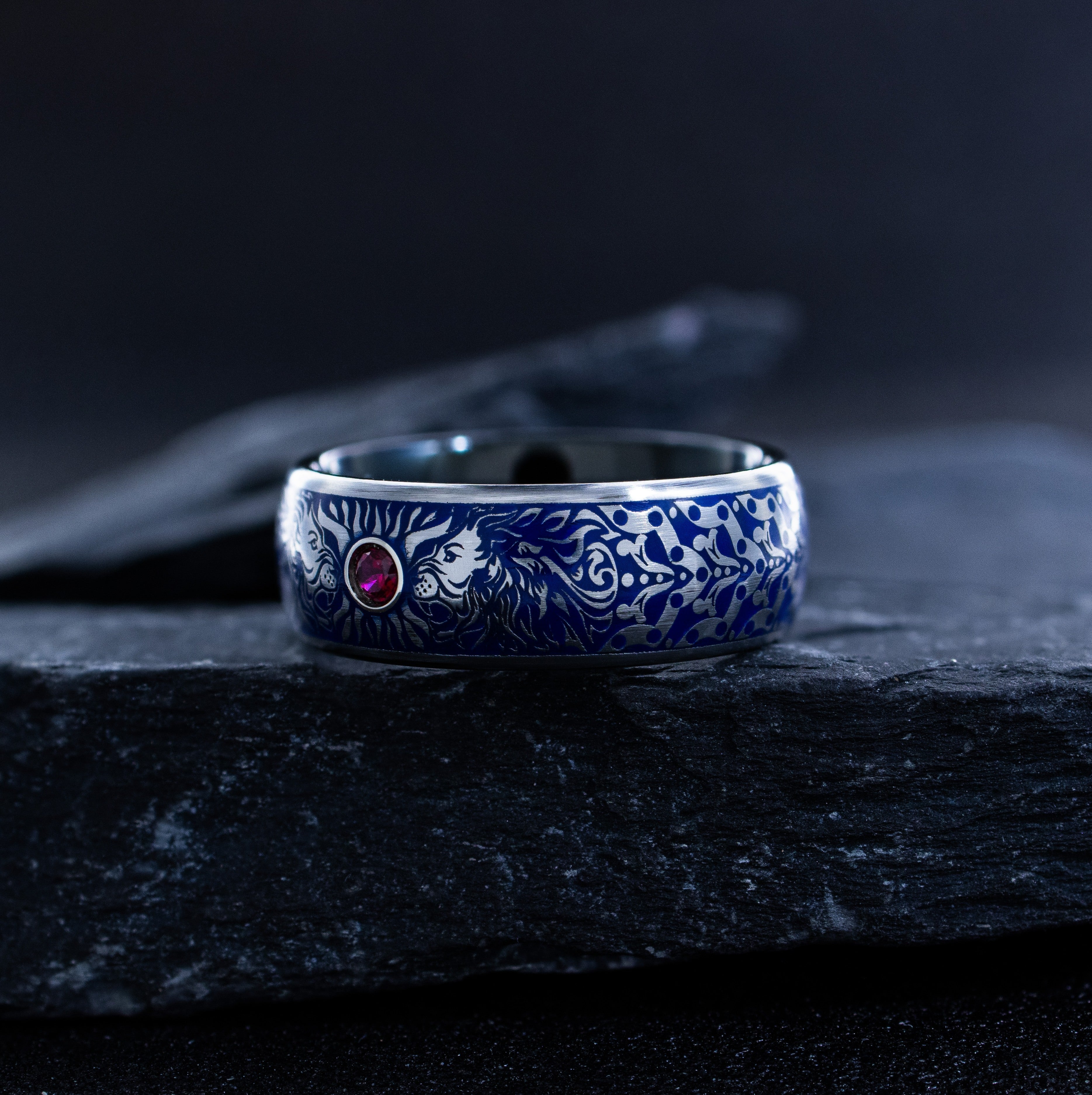 Lion Heads and Gemstone Tungsten Ring with Royal Blue Enamel, 8mm Personalized Tungsten Carbide Band