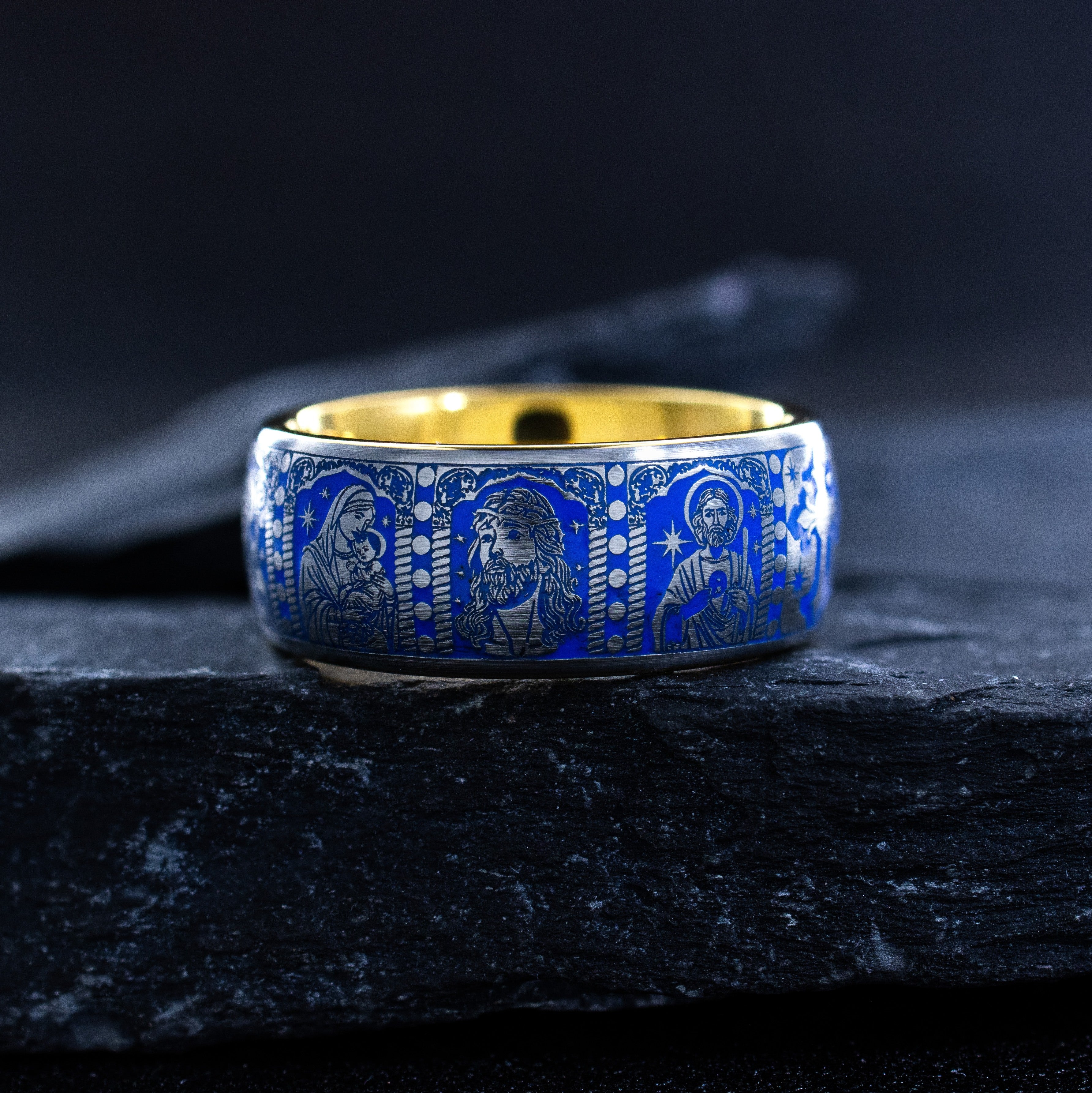 Christian Inspired Royal Blue Enamel Tungsten Ring, 9mm Yellow Gold Plated Band with Christ and Several Christian Saints