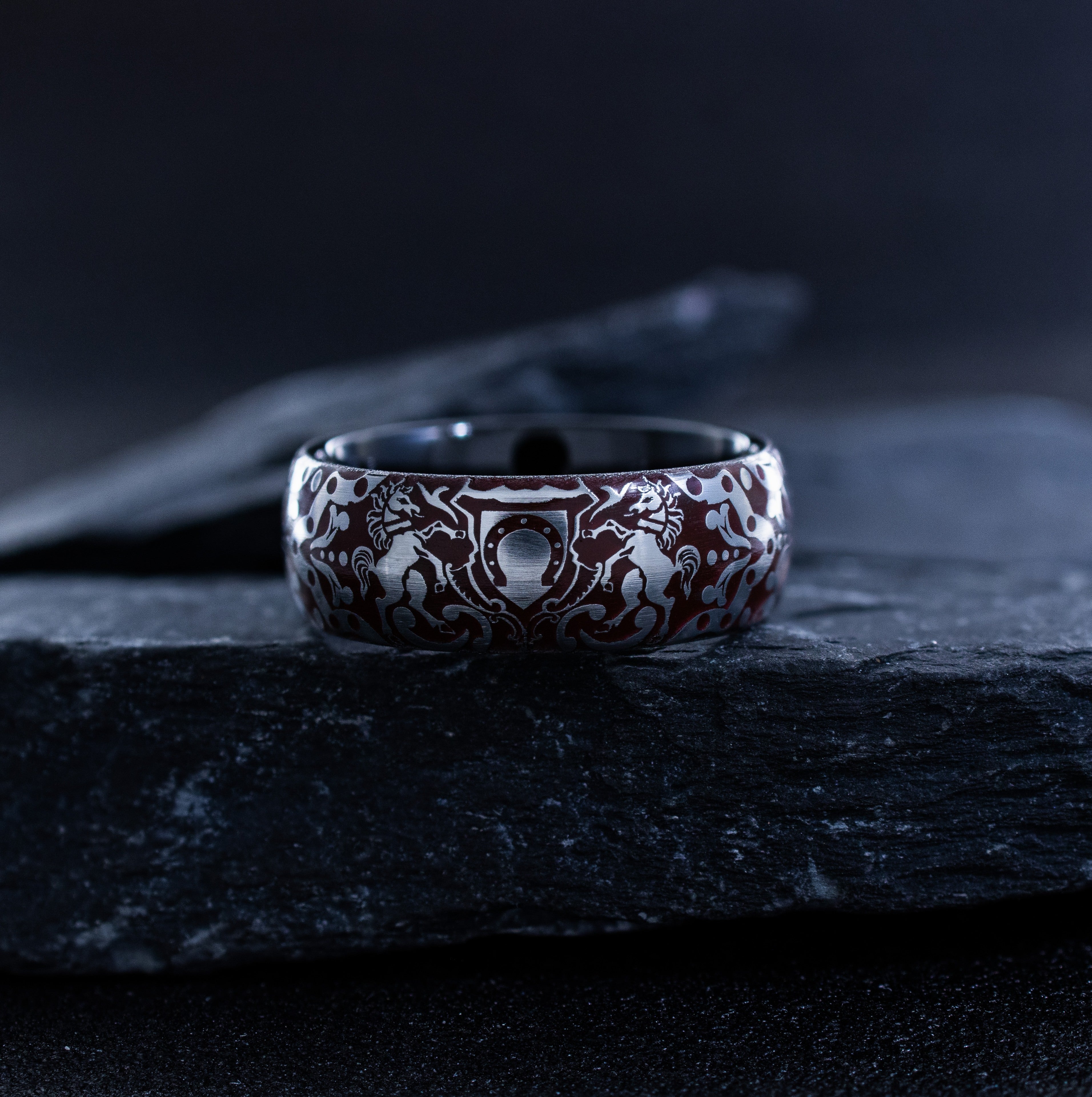 Horses and Horseshoe Dark Red Enamel Tungsten Ring, 8mm Black Tungsten Band