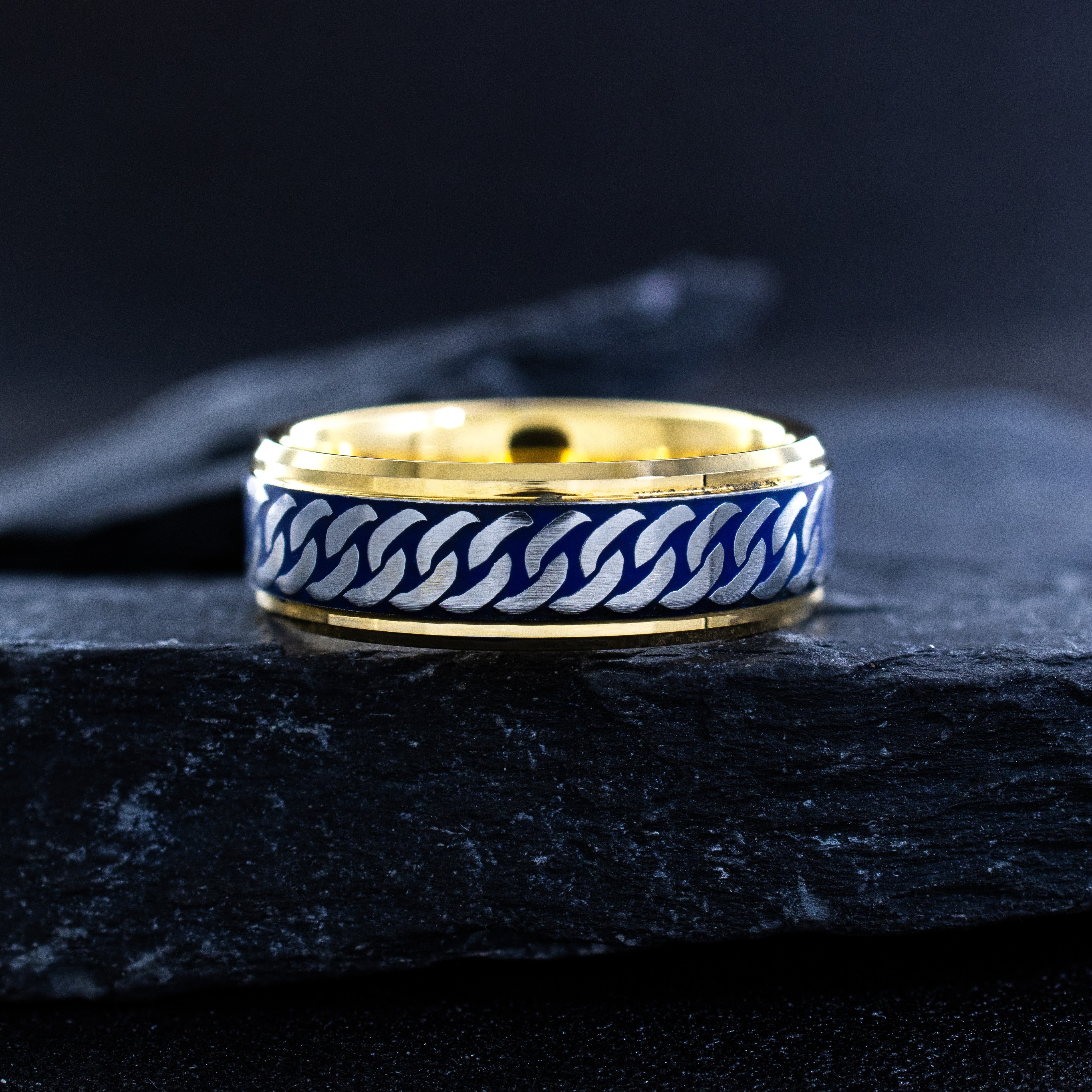 Royal Blue Enamel Curb Link Ring, 8mm Yellow Gold Plated Tungsten Carbide Band