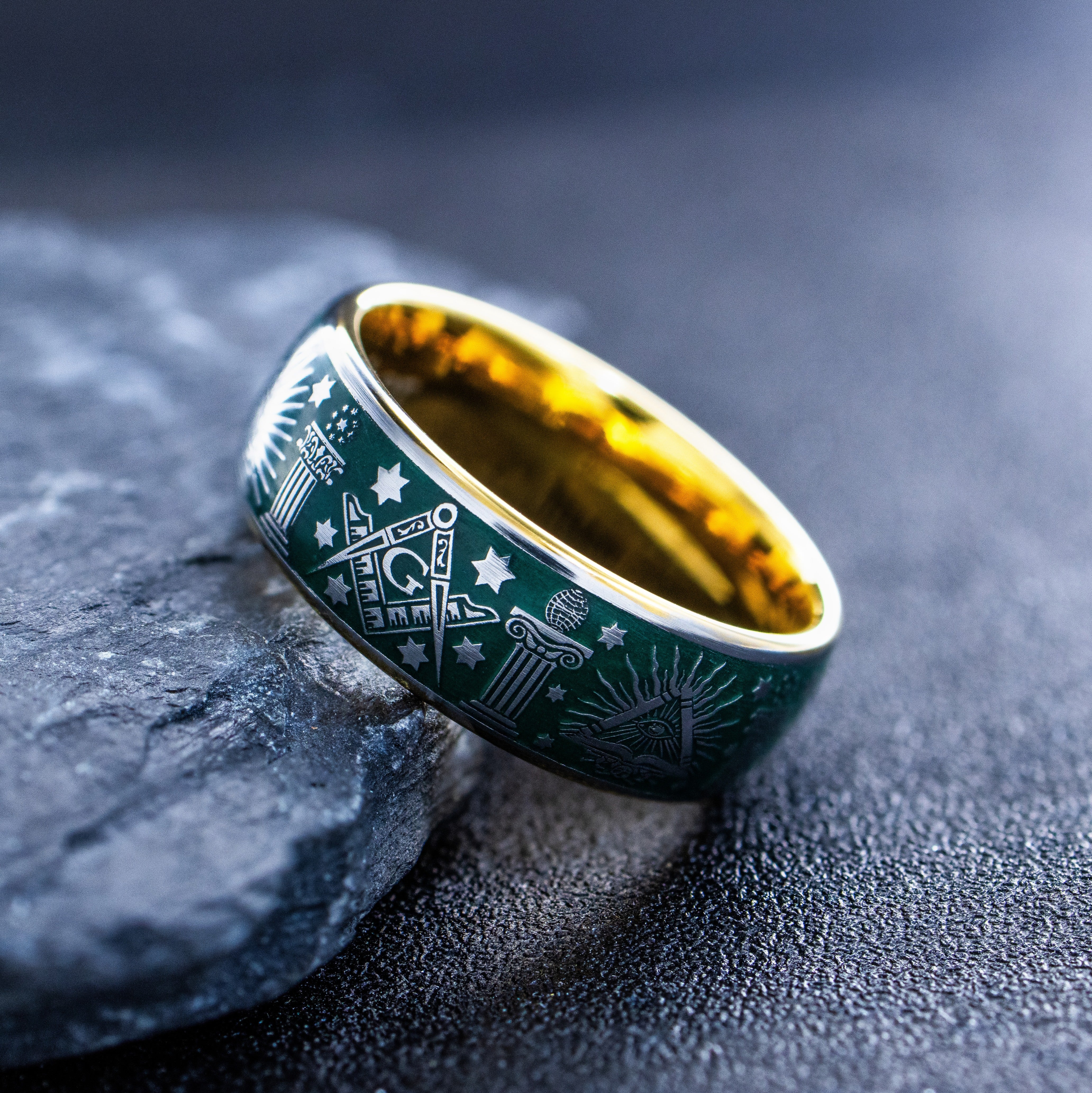 Masonic Tungsten Carbide Ring, 9mm Yellow Gold Plated Band with Masonic Symbols and Blue Enamel