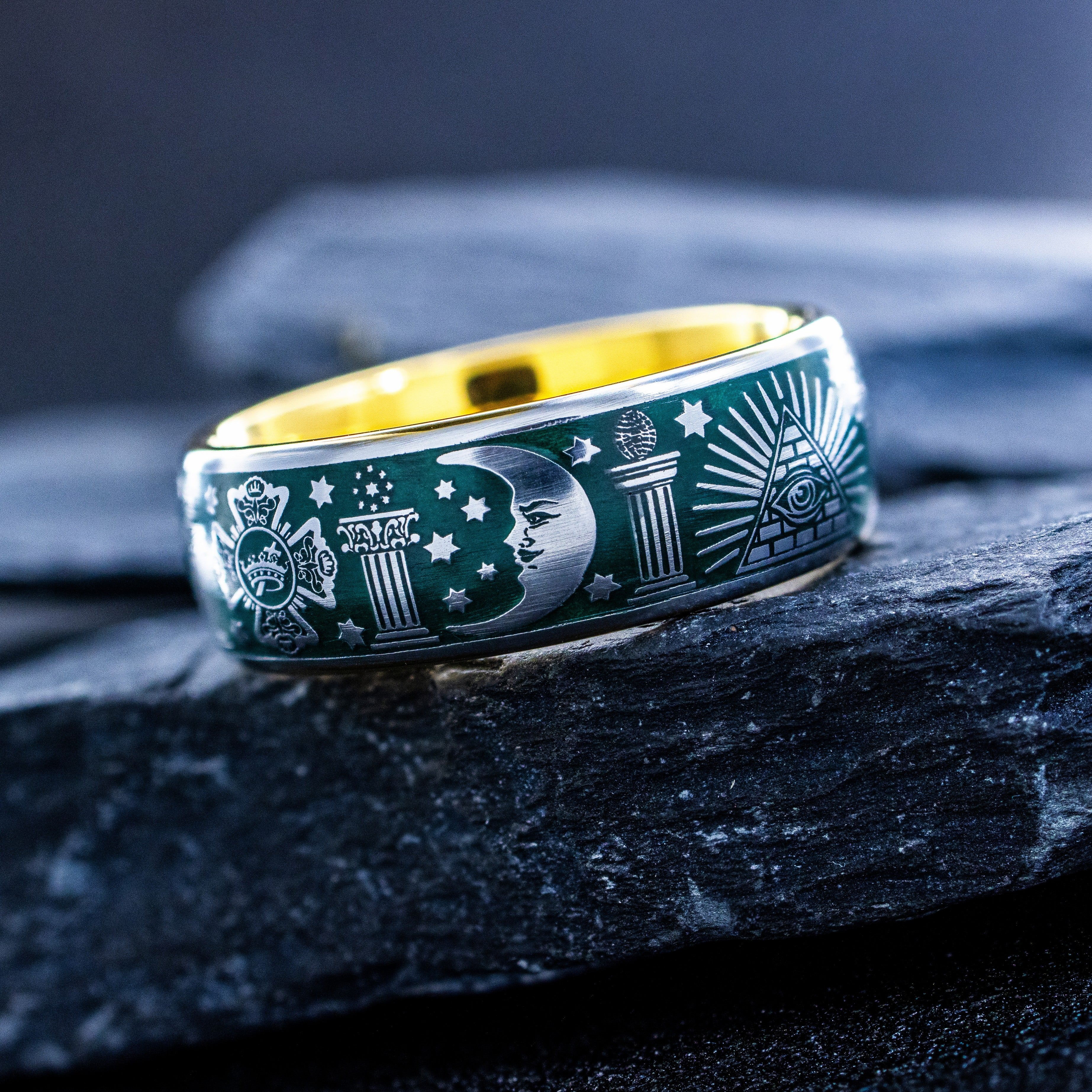 Masonic Tungsten Carbide Ring, 9mm Yellow Gold Plated Band with Masonic Symbols and Blue Enamel