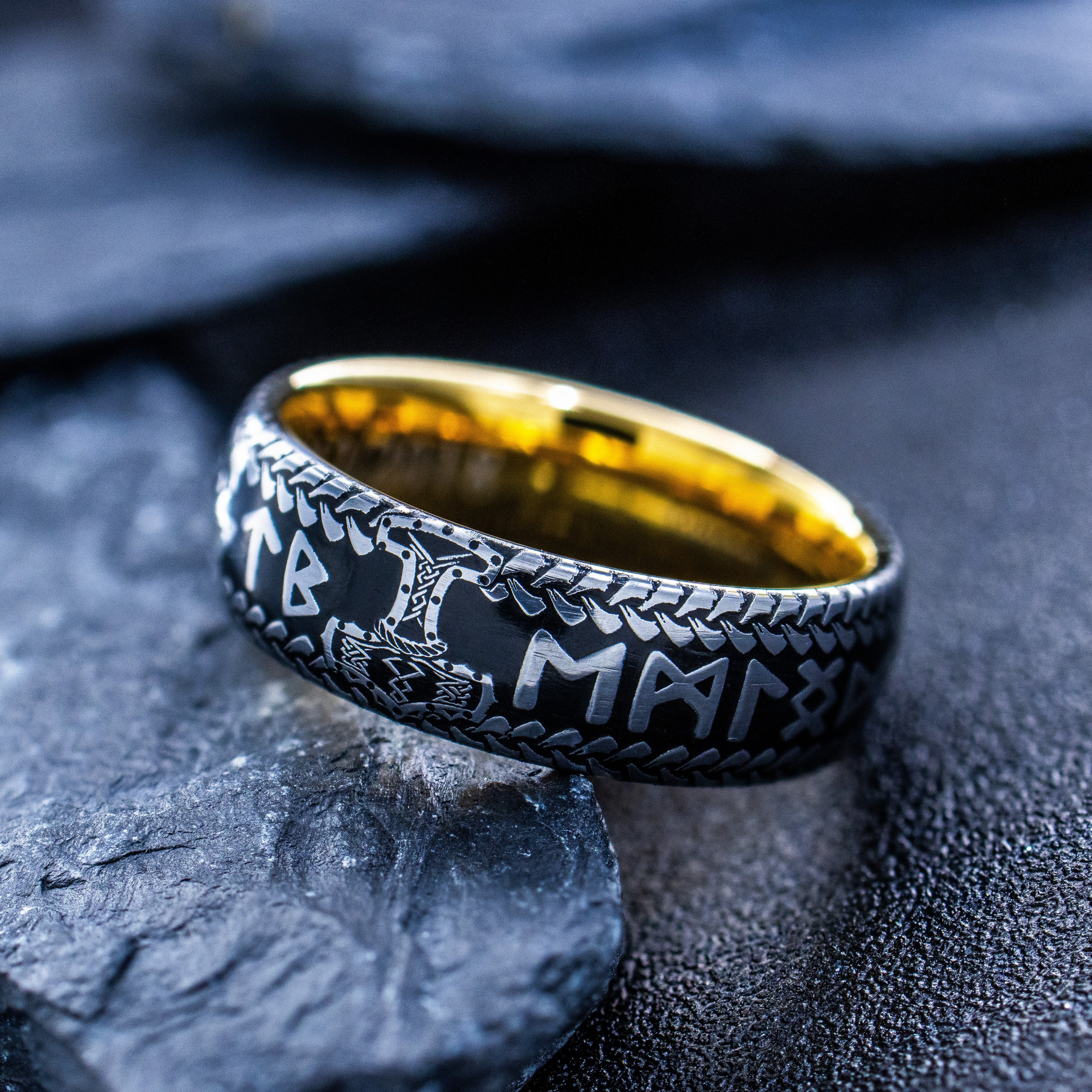 Blue Enamel Viking Norse Tungsten Carbide Ring, 8mm Yellow Gold Plated Band with Thor's Hammer and Nordic Runes Engravings and Custom Enamel