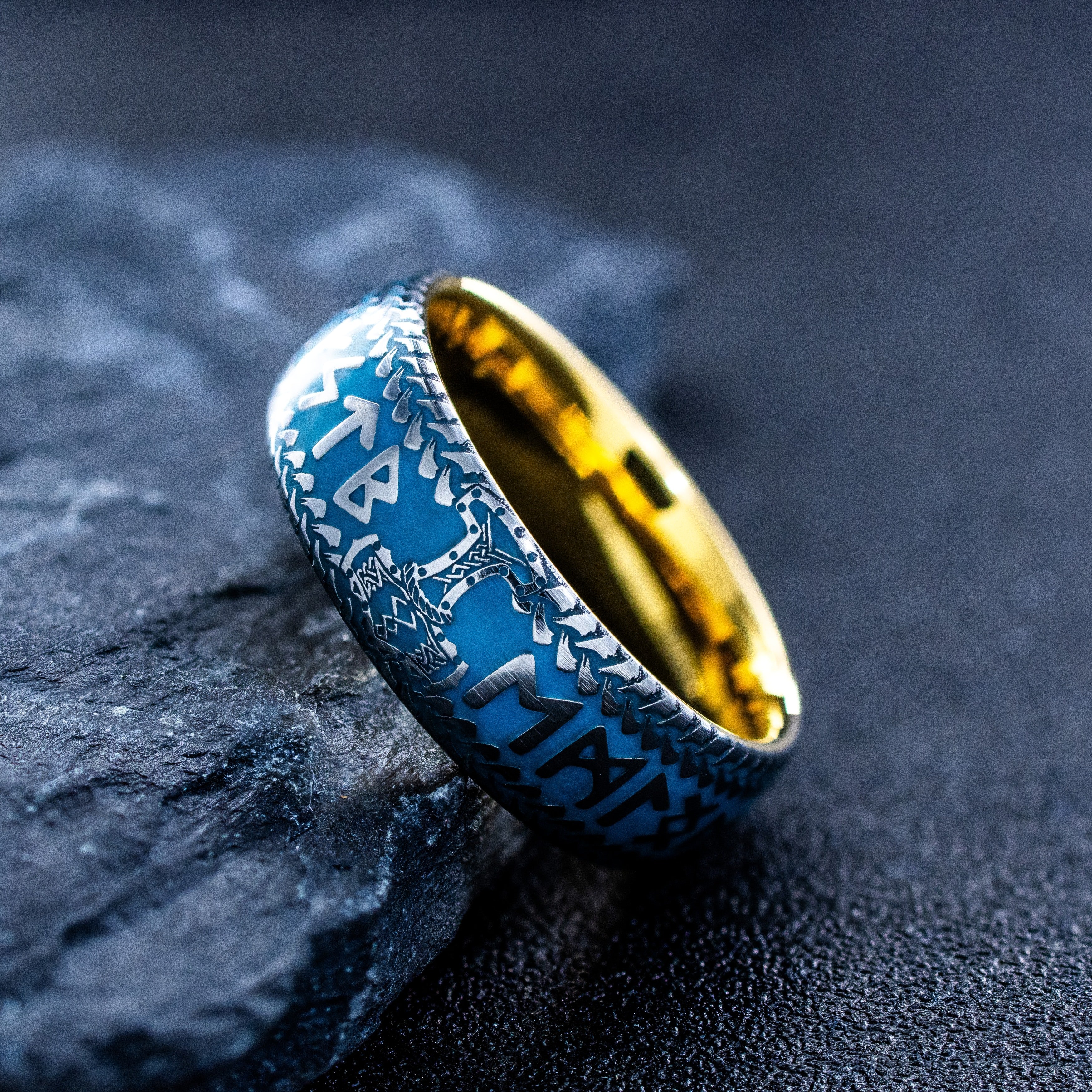 Blue Enamel Viking Norse Tungsten Carbide Ring, 8mm Yellow Gold Plated Band with Thor's Hammer and Nordic Runes Engravings and Custom Enamel