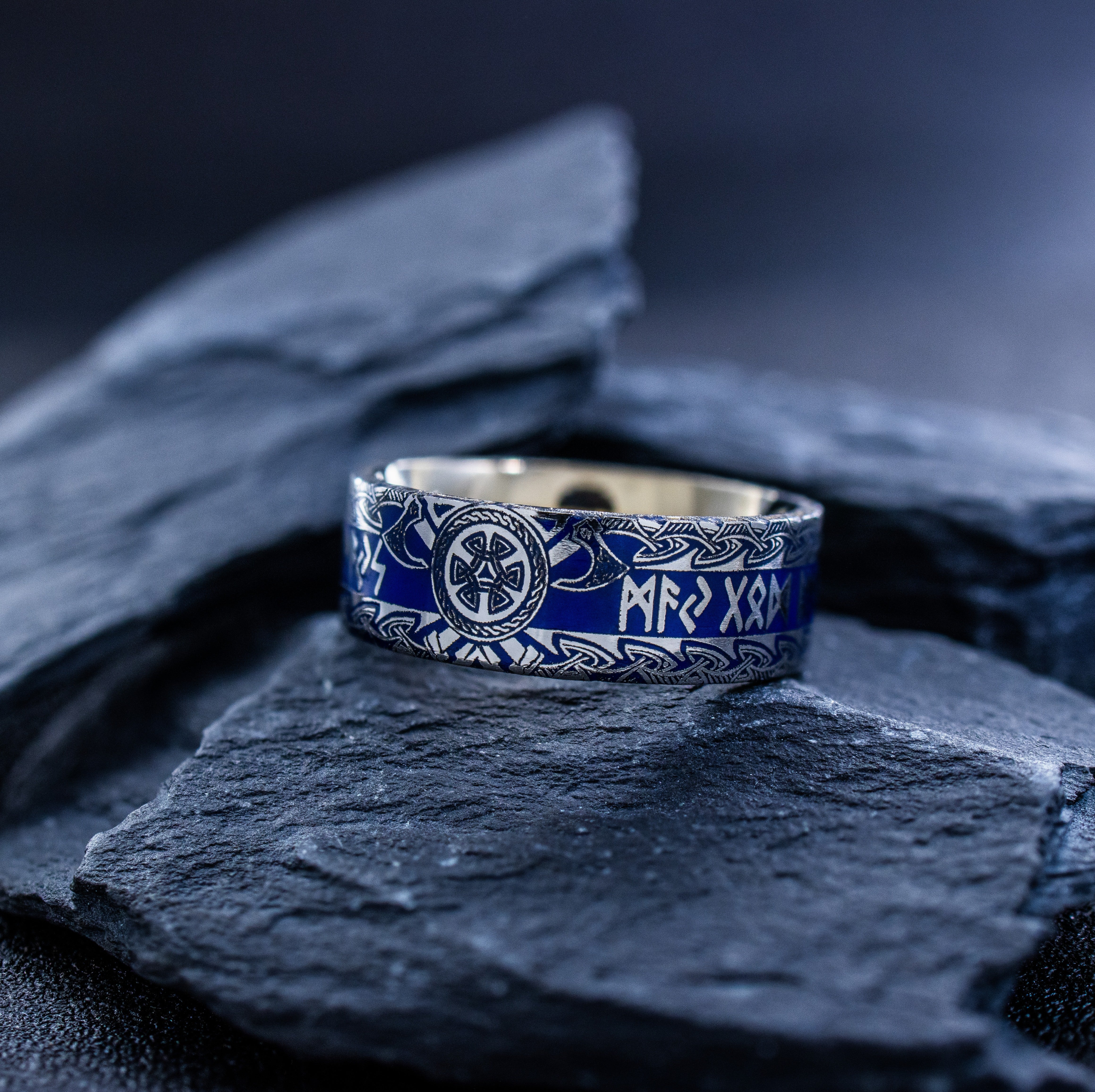 8mm Titanium Band with Norse Viking Runes and Blue Enamel