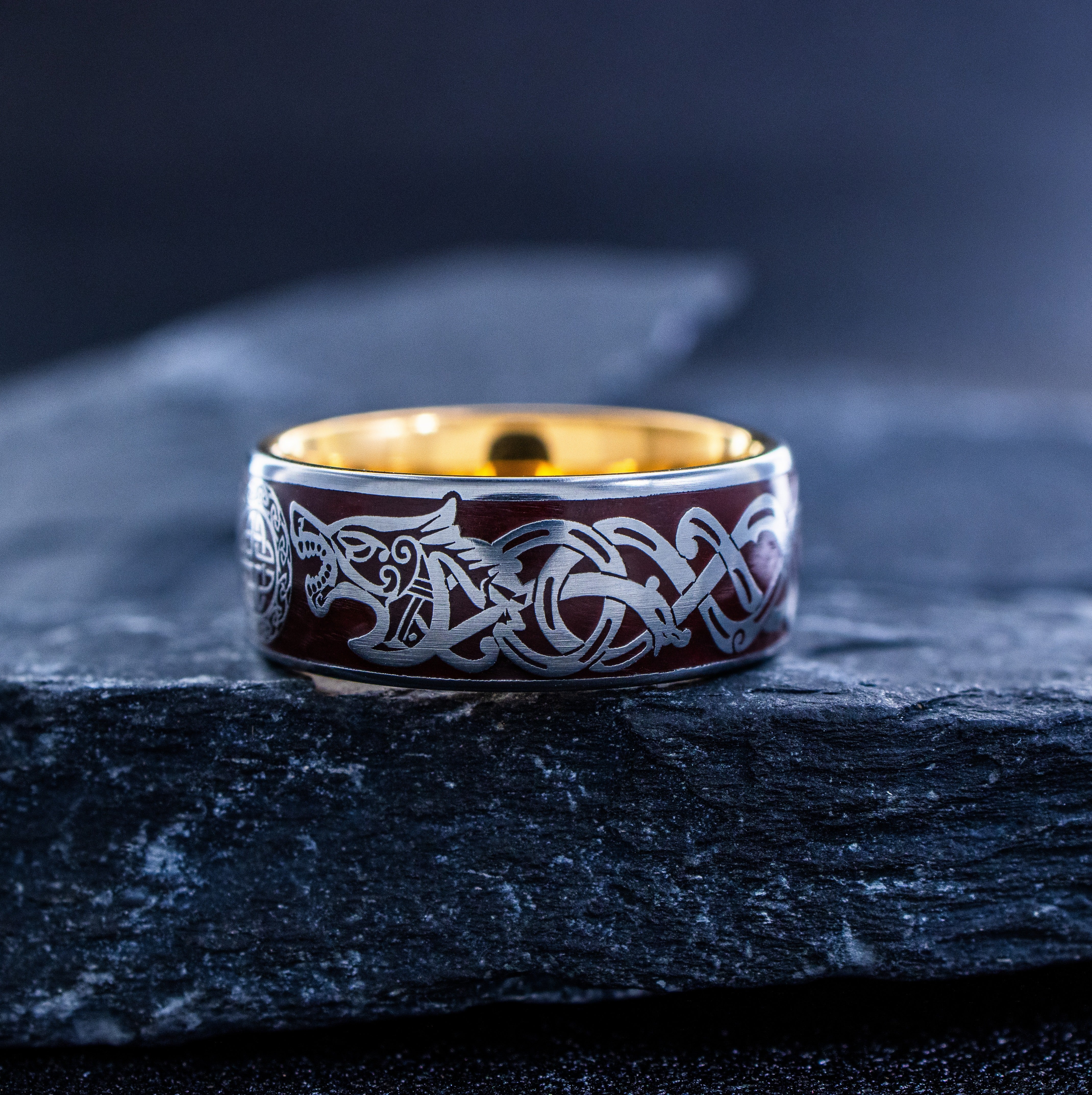 Norse Viking Wolf Head and Runes Ring, 9mm Rose Gold Plated Tungsten Band with Enamel