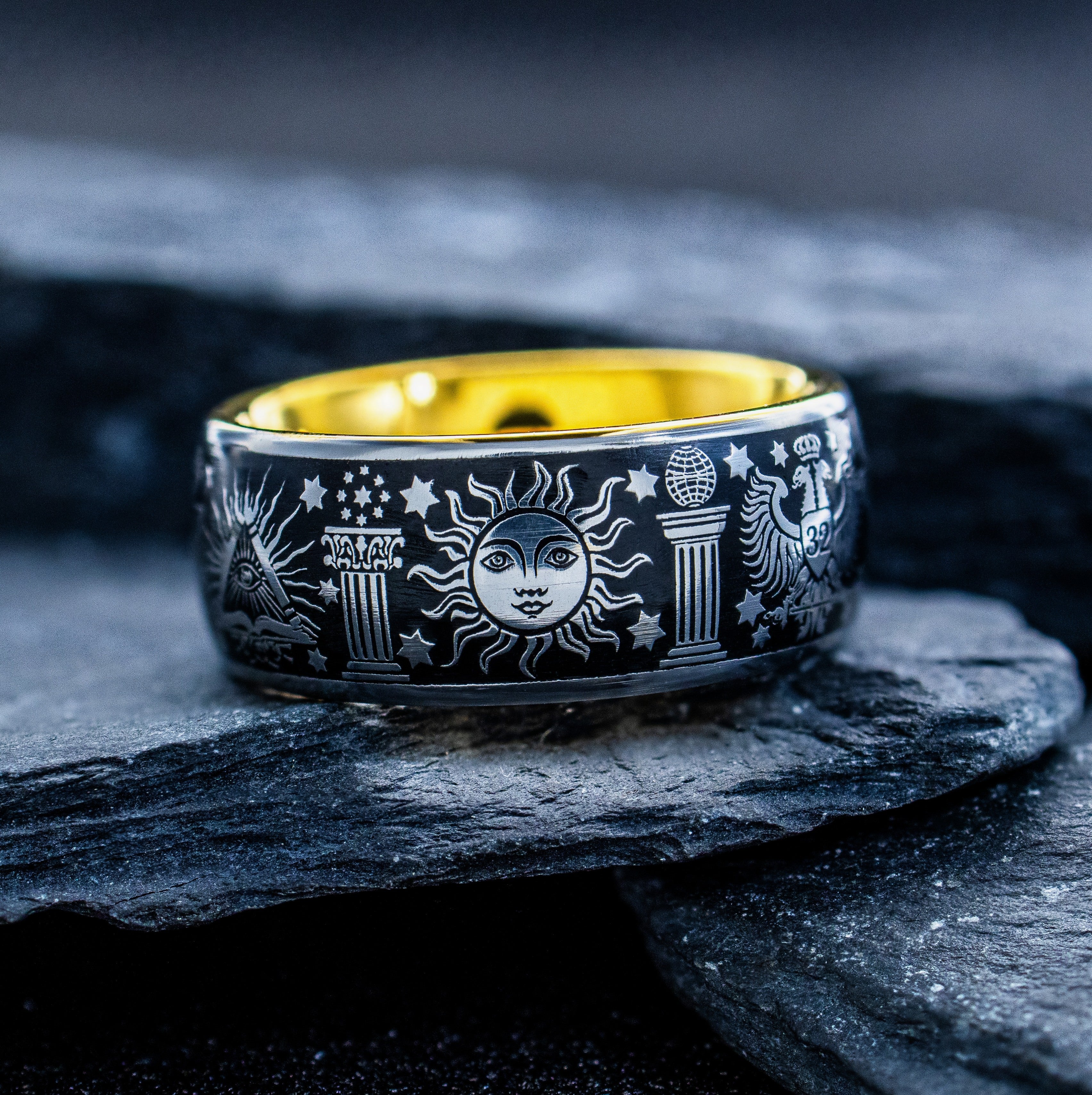 Masonic Tungsten Carbide Ring, 9mm Yellow Gold Plated Band with Masonic Symbols and Blue Enamel