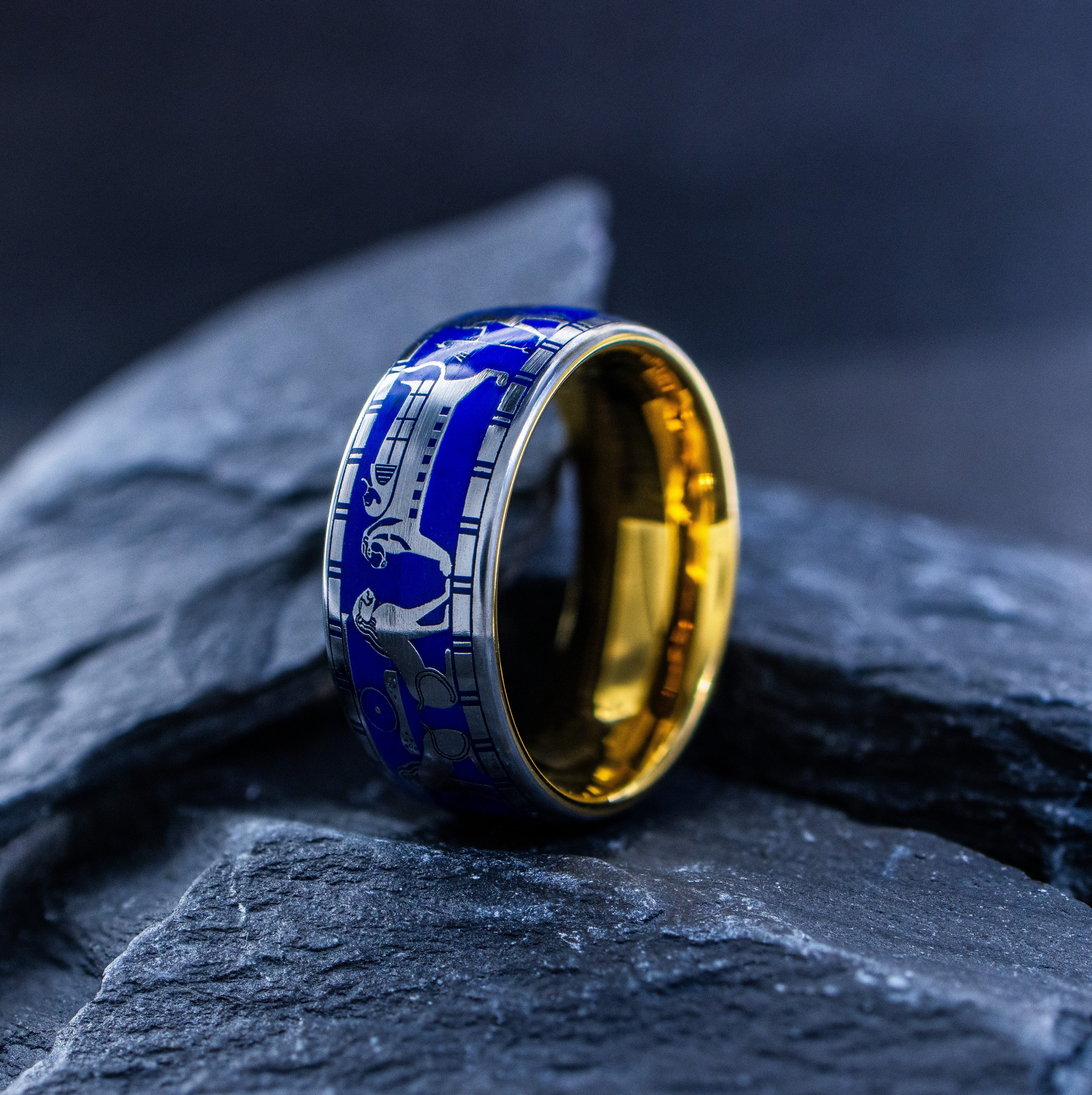 Ancient Egyptian Ring with Blue Enamel, 9mm Gold Plated Tungsten Carbide Band