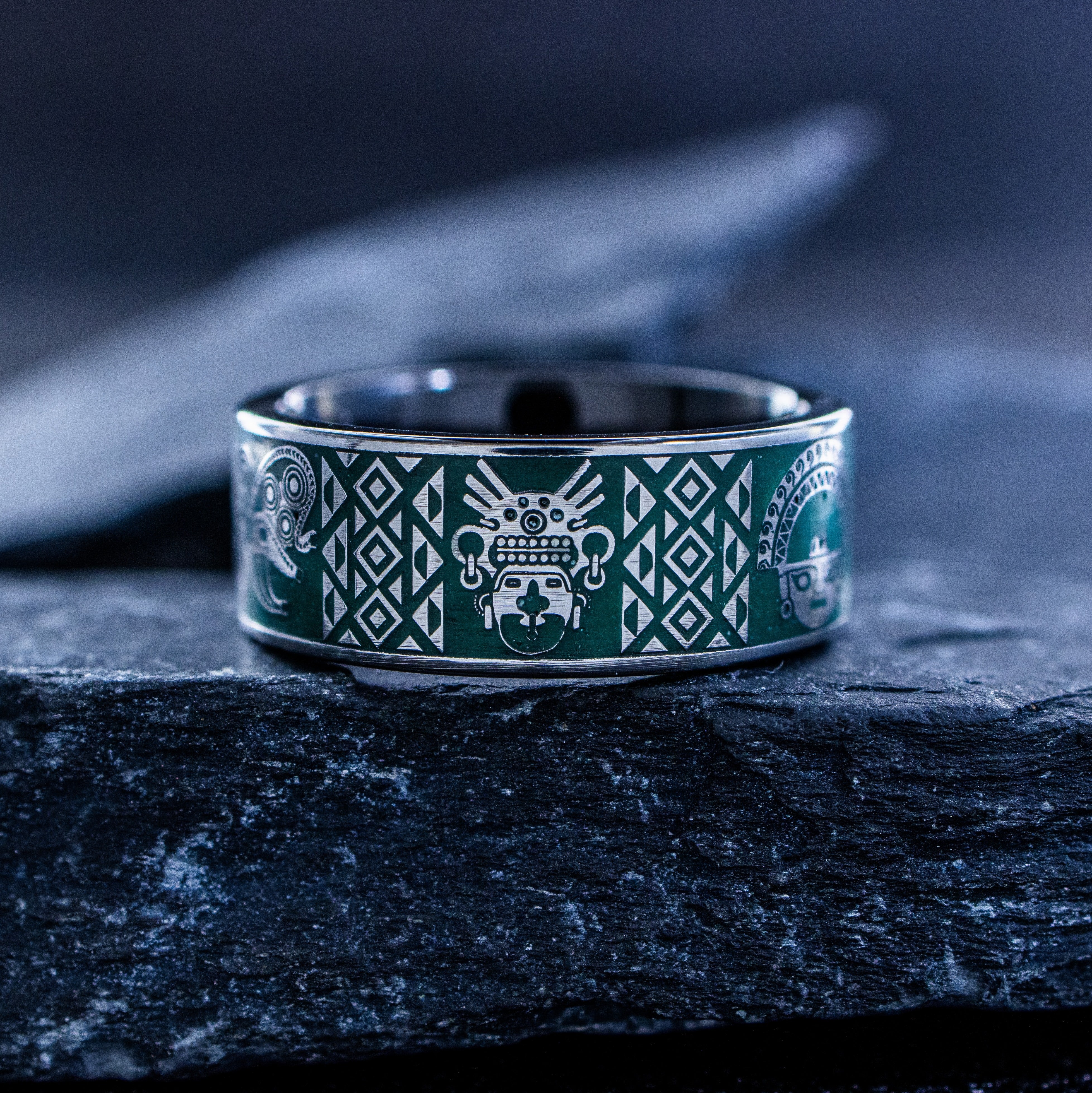 Dark Green Enamel Colombian Ring, 9mm Black Tungsten Carbide Ring