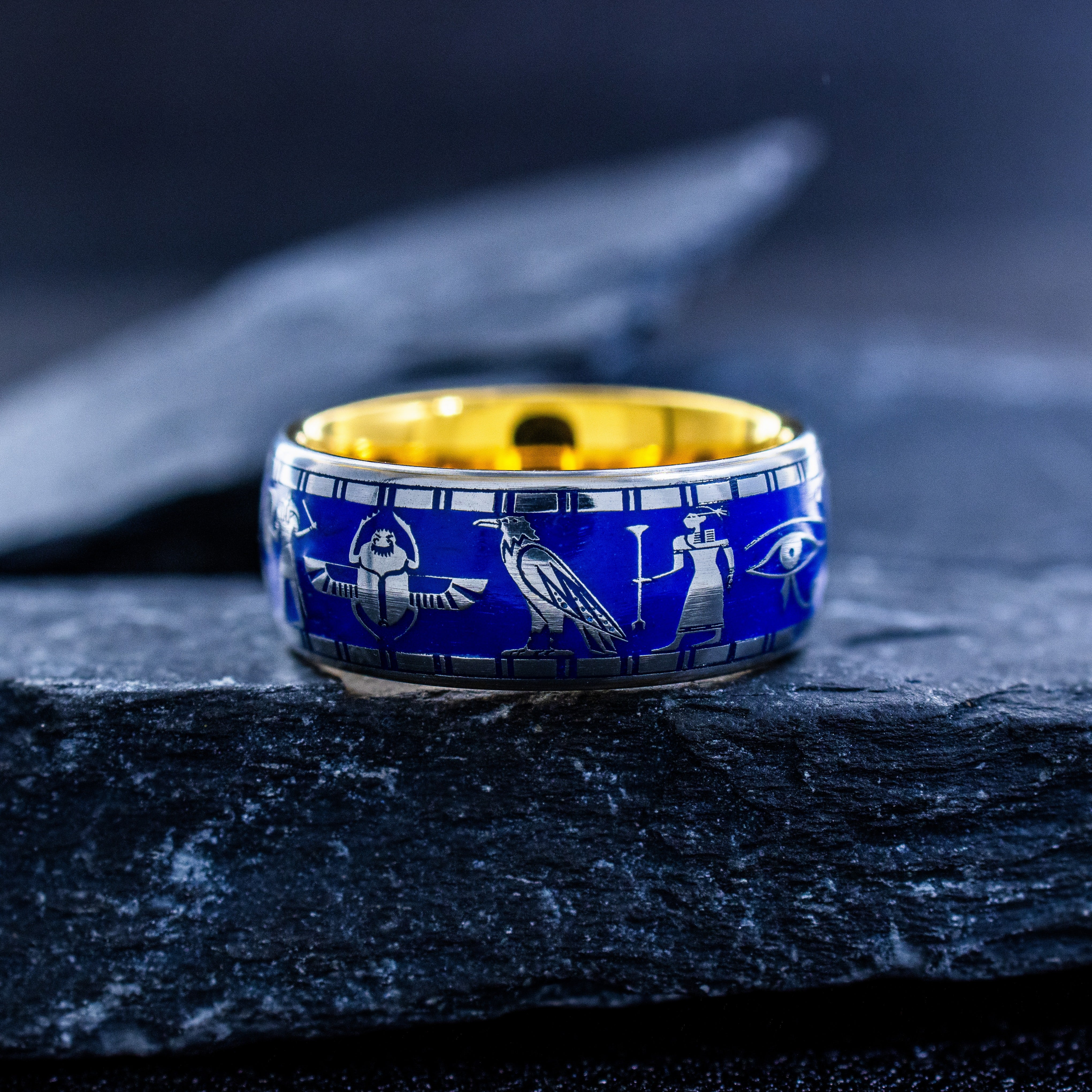 Ancient Egyptian Ring with Blue Enamel, 9mm Gold Plated Tungsten Carbide Band