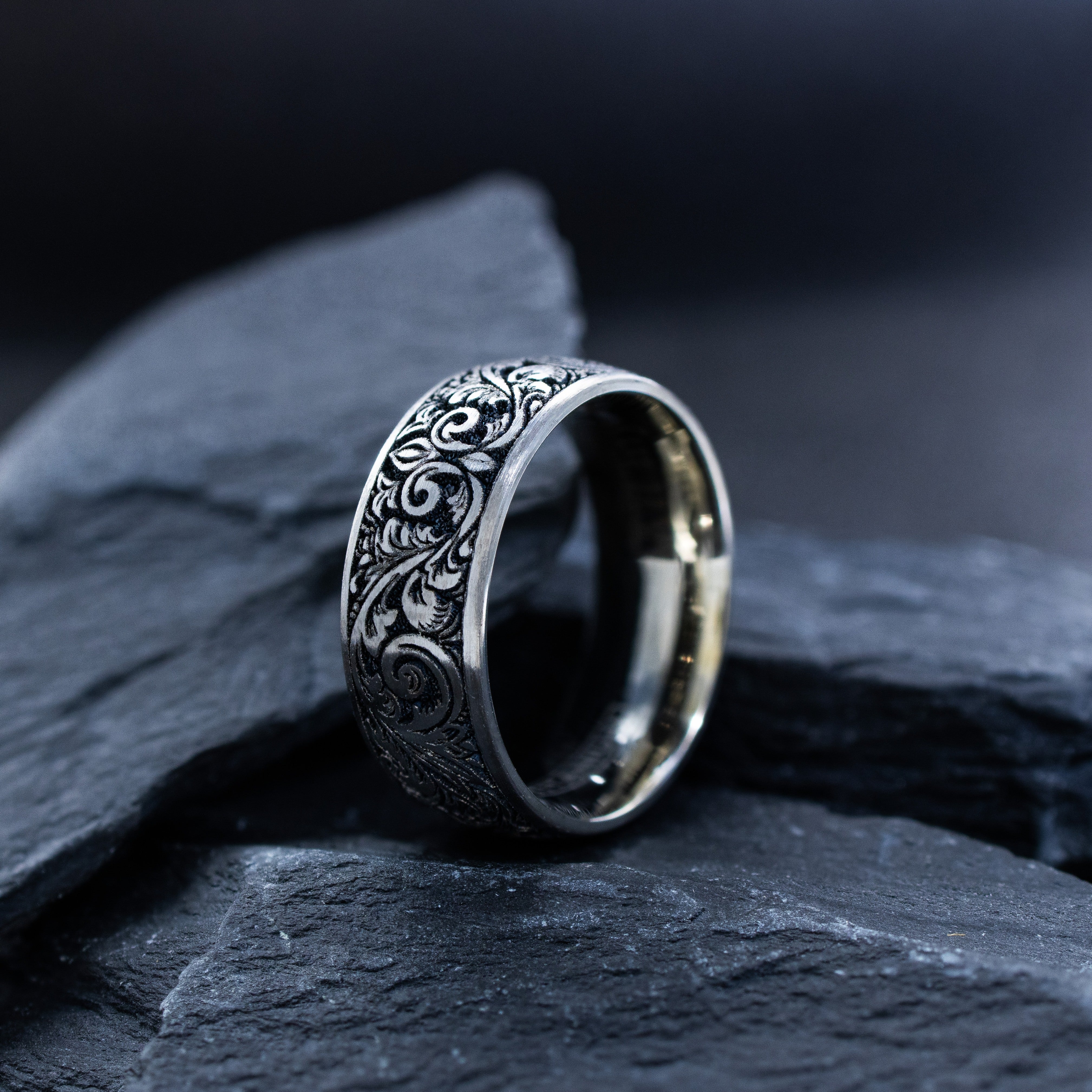 8mm Silver Titanium Band with Deep Engraved Fleur de Lis and Victorian Floral Pattern