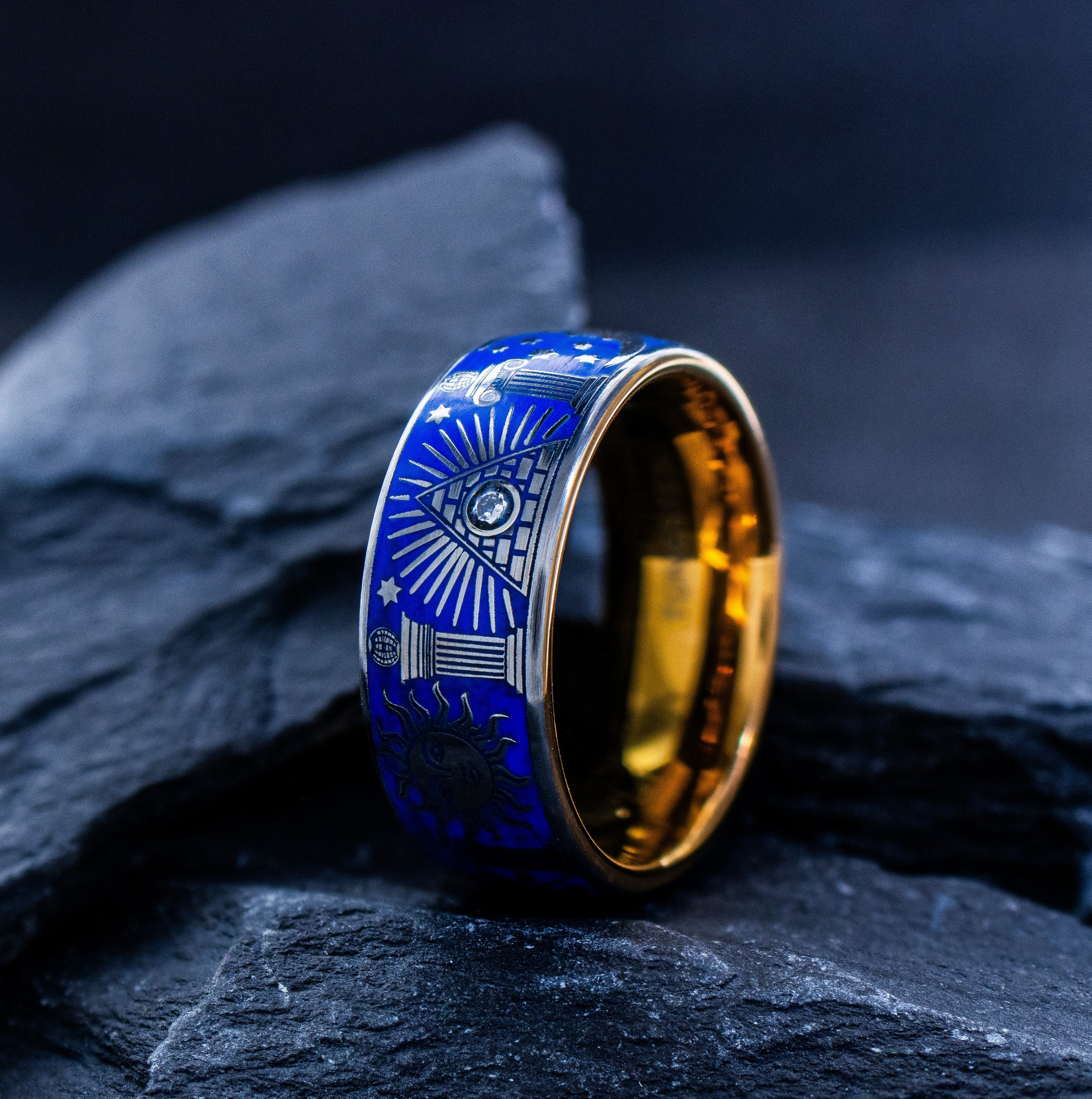 Masonic Theme Gemstone Tungsten Ring with Royal Blue Enamel, 9mm Rose Gold Plated Tungsten Carbide Band